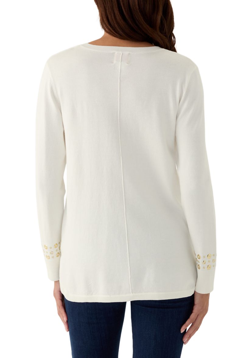 Womens V-Neck Grommet Embellished Fine Gauge Pullover Sweater