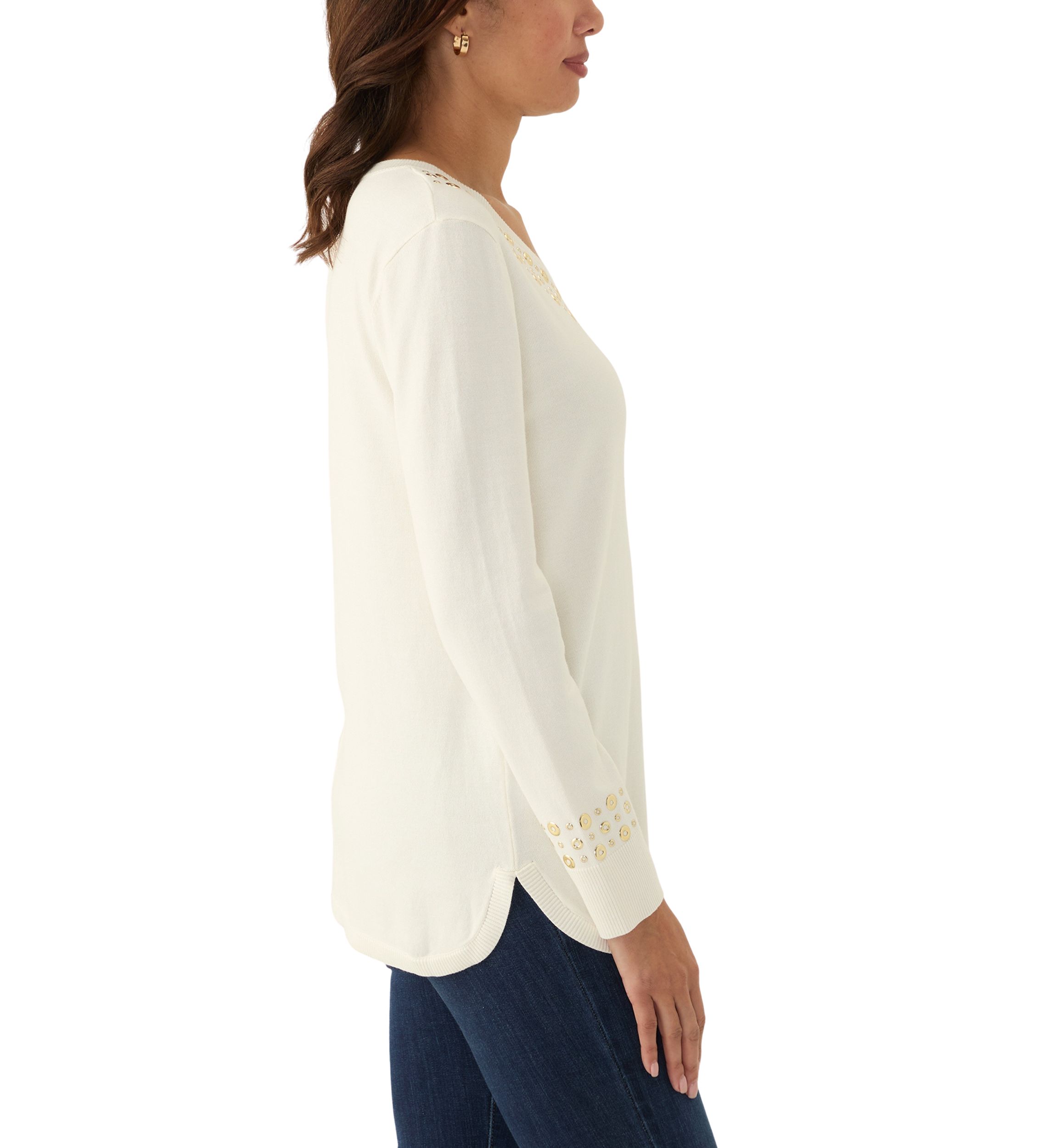Womens V-Neck Grommet Embellished Fine Gauge Pullover Sweater
