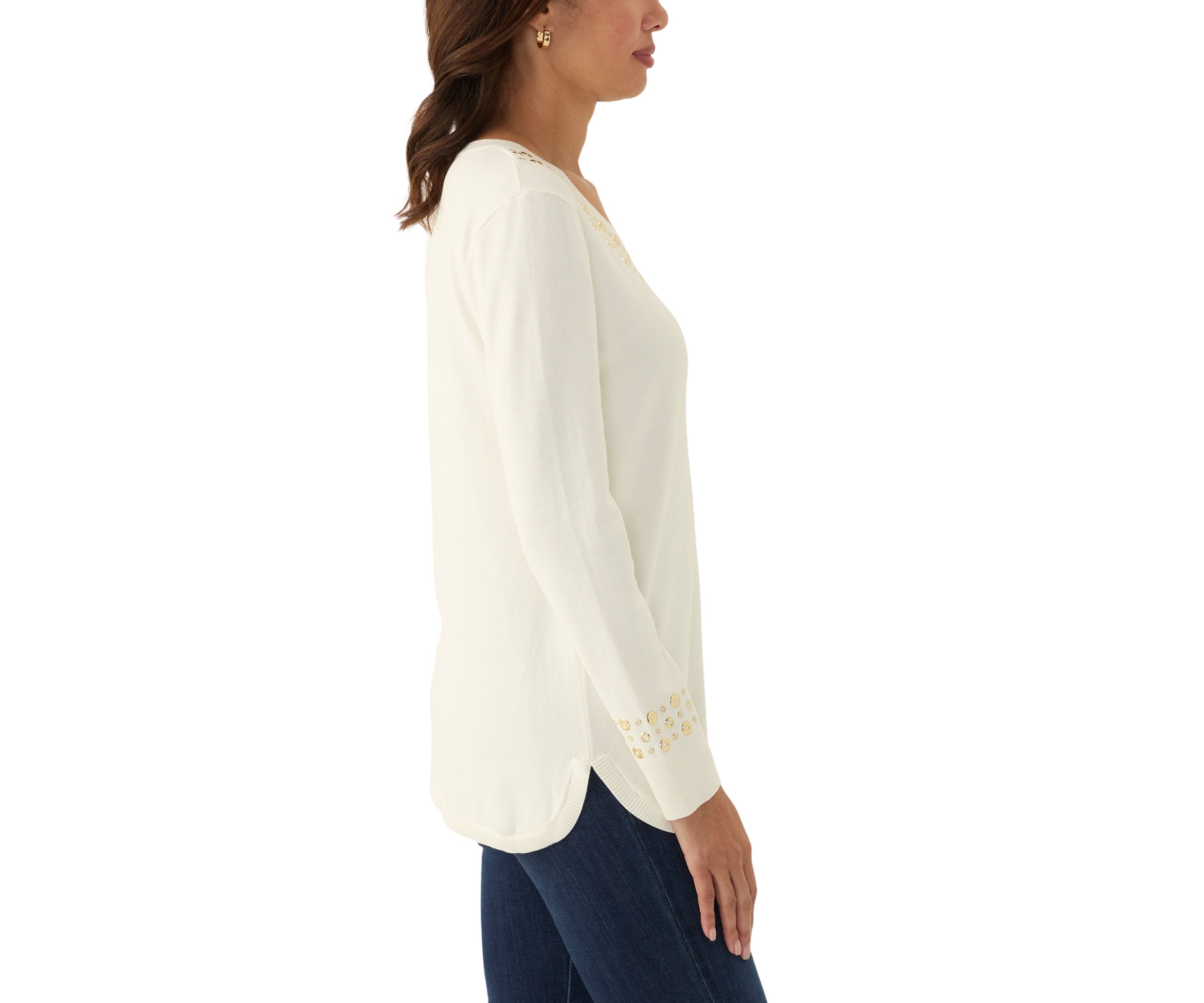 Womens V-Neck Grommet Embellished Fine Gauge Pullover Sweater