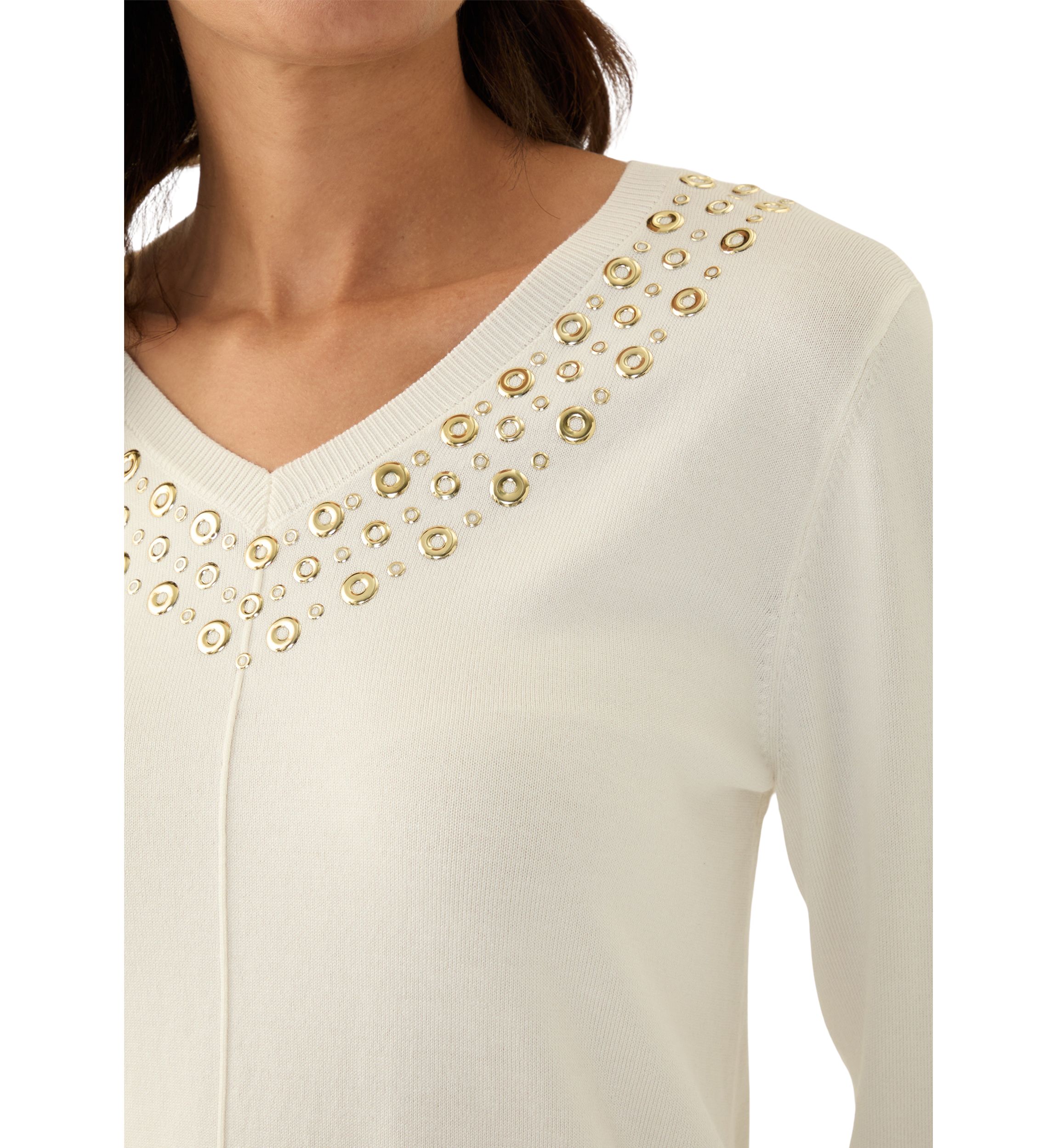 Womens V-Neck Grommet Embellished Fine Gauge Pullover Sweater