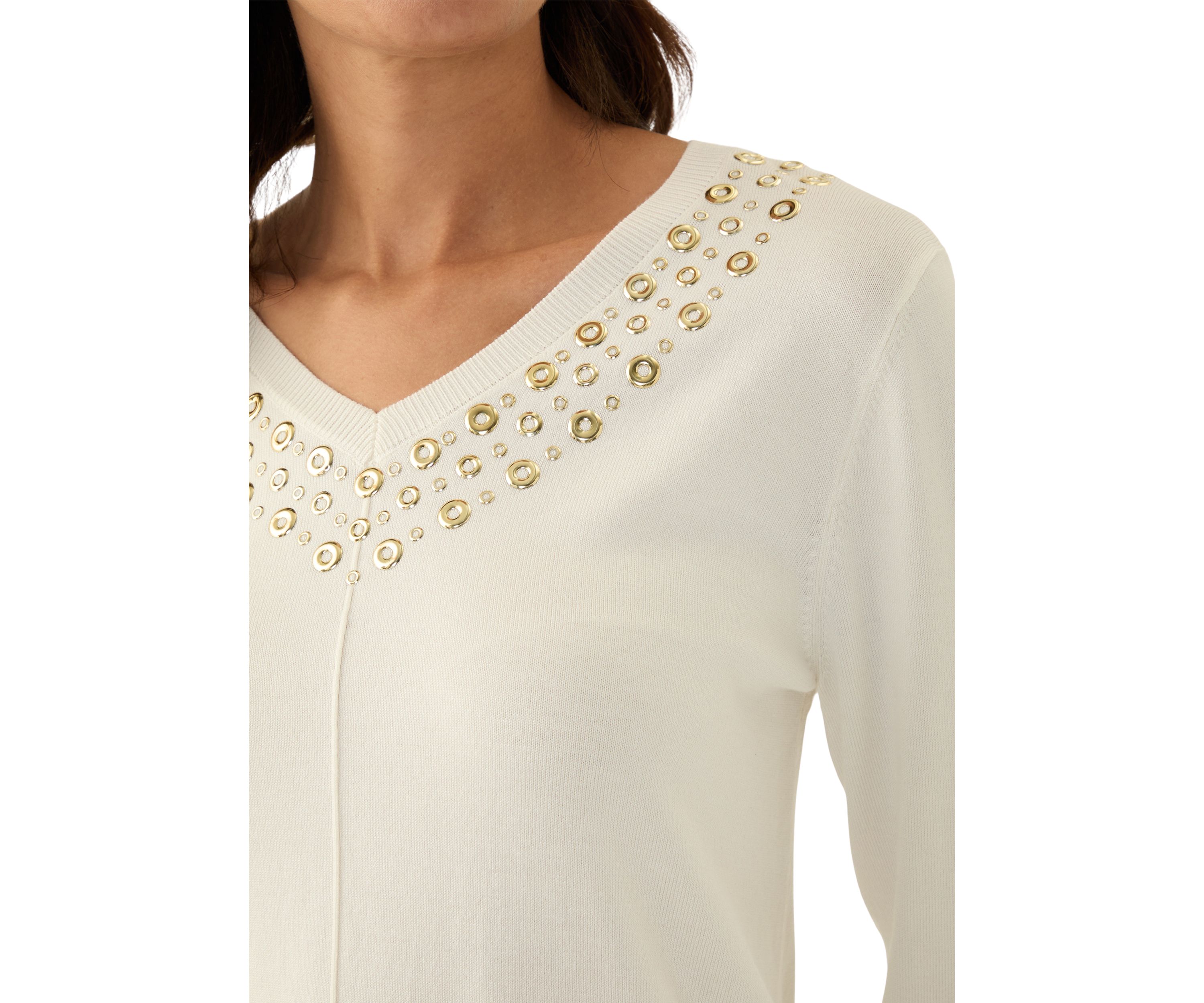 Womens V-Neck Grommet Embellished Fine Gauge Pullover Sweater