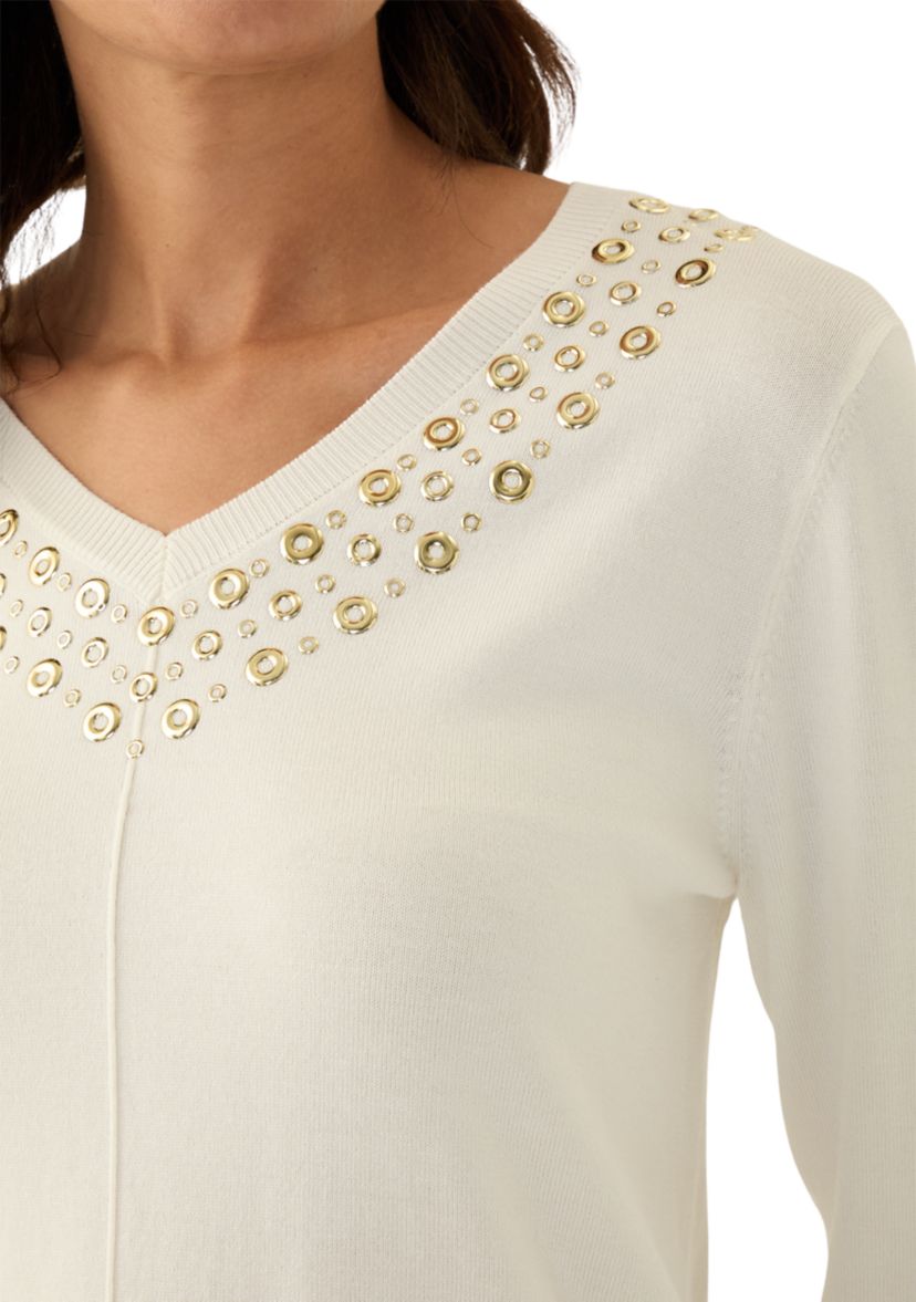 Womens V-Neck Grommet Embellished Fine Gauge Pullover Sweater