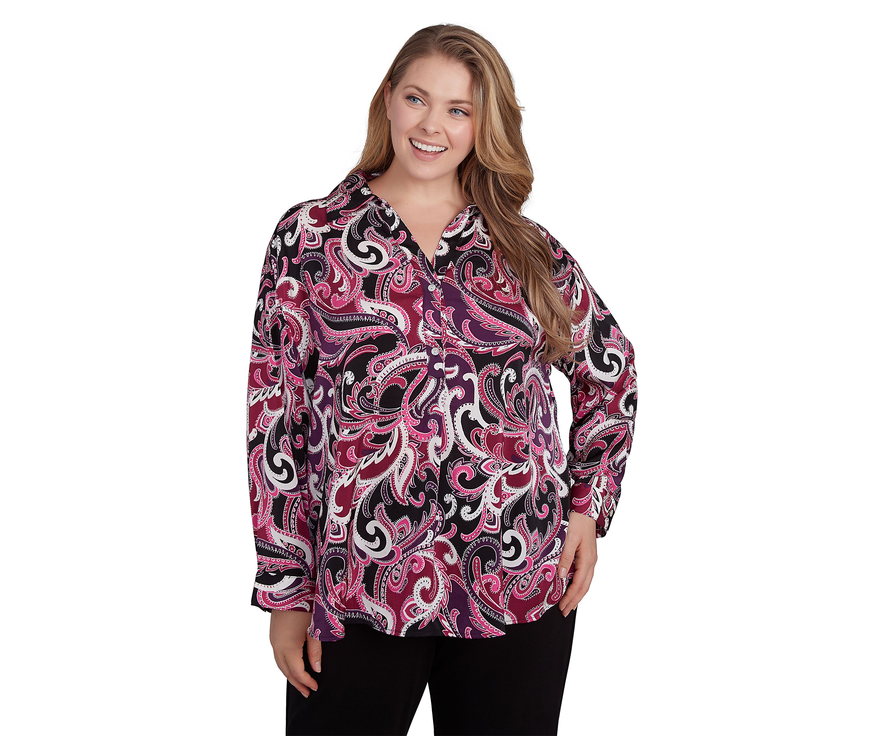 Plus Size Collar Paisley Printed Pullover Woven Tunic Shirt
