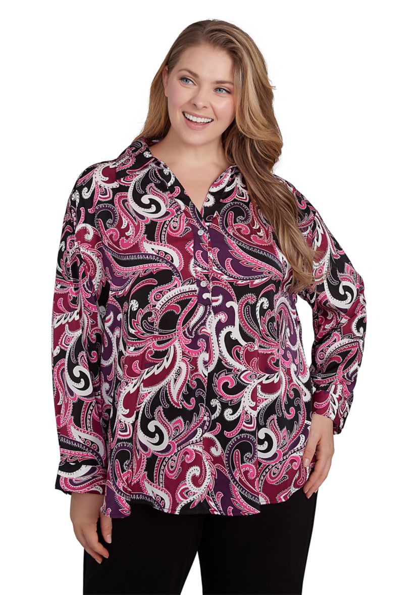 Plus Size Collar Paisley Printed Pullover Woven Tunic Shirt