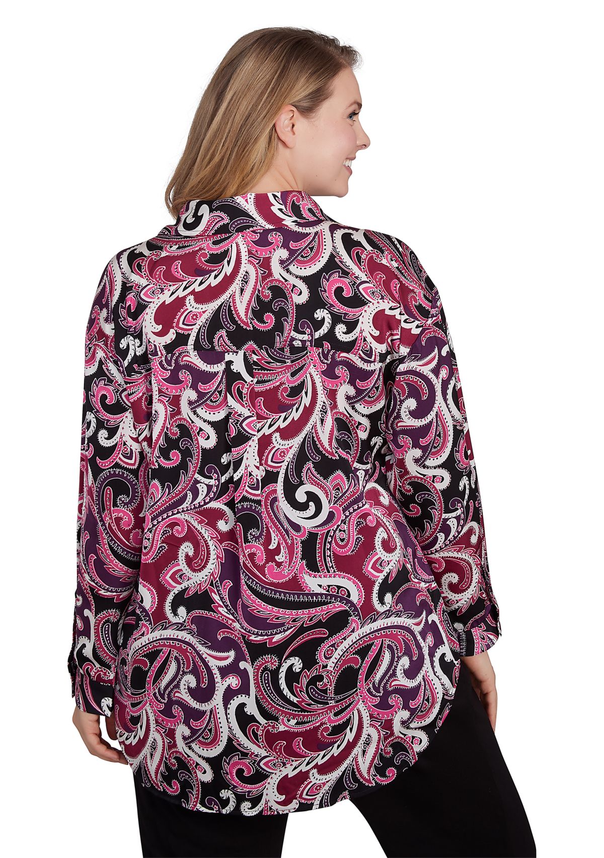 Plus Size Collar Paisley Printed Pullover Woven Tunic Shirt