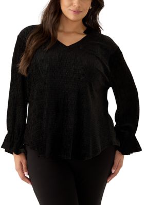 Ruby Rd Plus Size V-Neck Smocked Velvet Top With Three Quarter Gathered ...