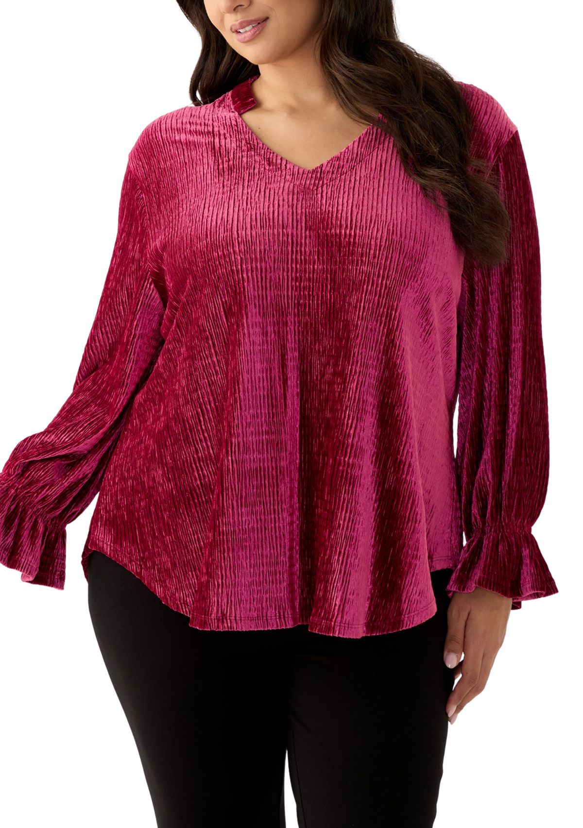 Plus Size V-Neck Smocked Velvet Top With Three Quarter Gathered Sleeves