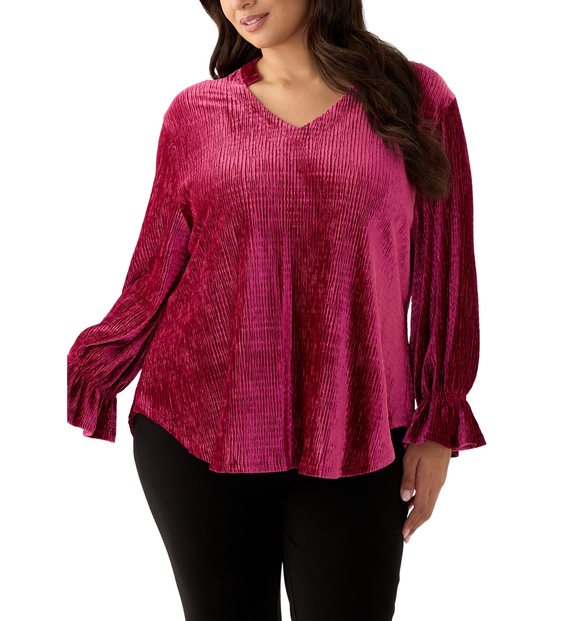 Plus Size V-Neck Smocked Velvet Top With Three Quarter Gathered Sleeves