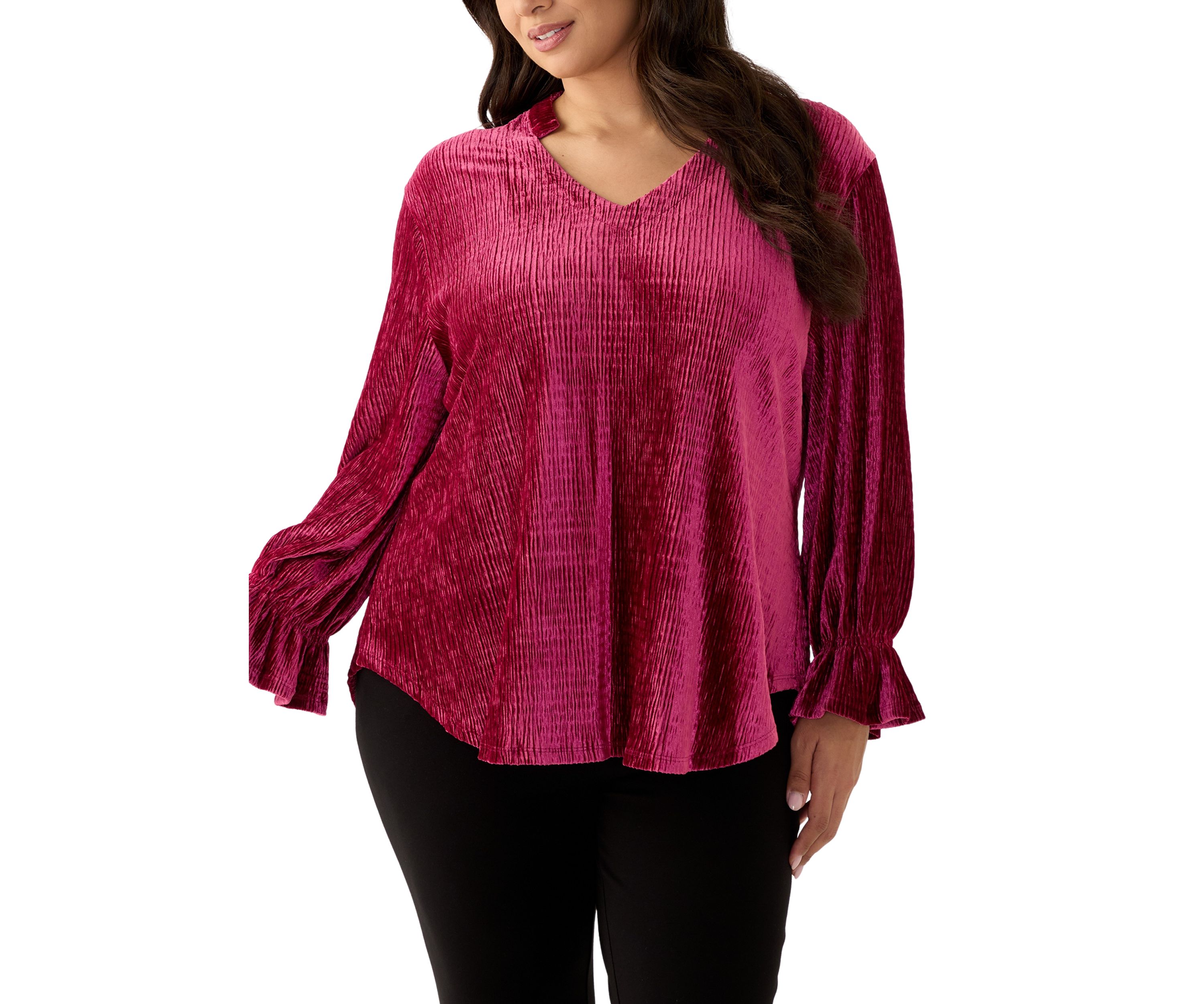 Plus Size V-Neck Smocked Velvet Top With Three Quarter Gathered Sleeves