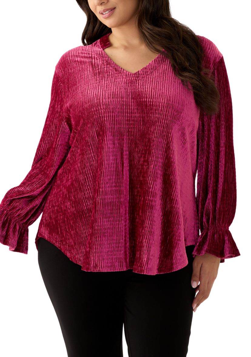Plus Size V-Neck Smocked Velvet Top With Three Quarter Gathered Sleeves