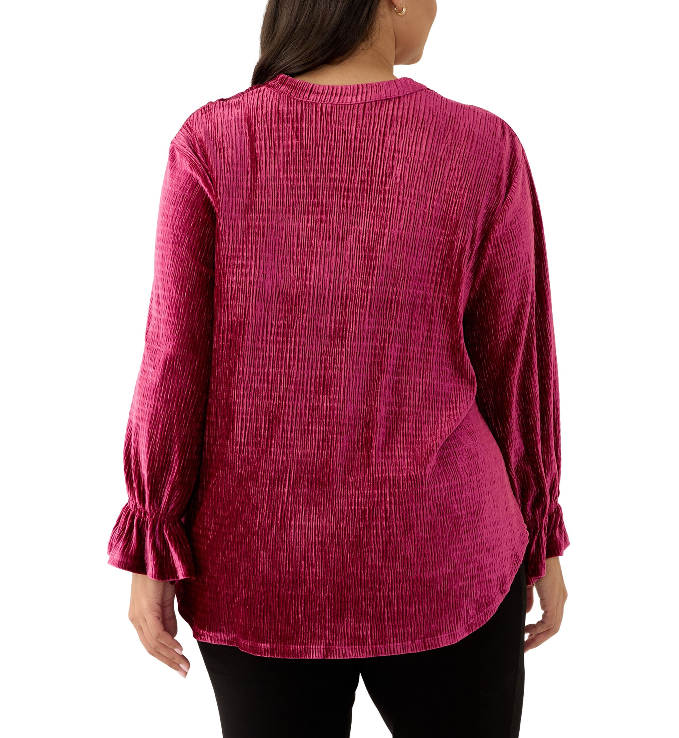 Plus Size V-Neck Smocked Velvet Top With Three Quarter Gathered Sleeves