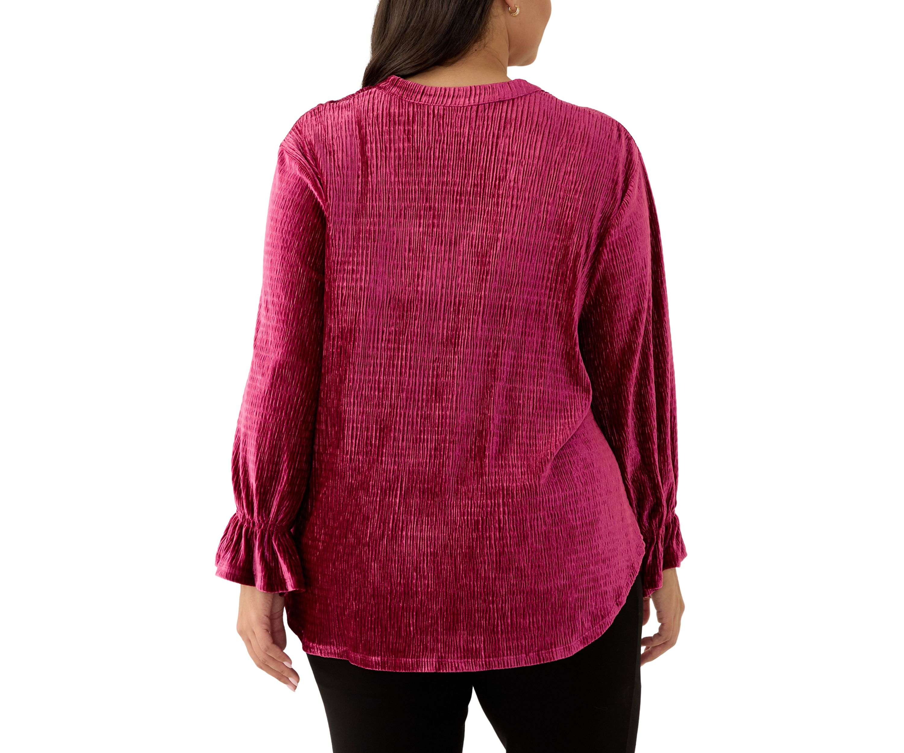 Plus Size V-Neck Smocked Velvet Top With Three Quarter Gathered Sleeves