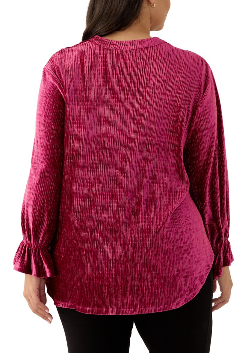 Plus Size V-Neck Smocked Velvet Top With Three Quarter Gathered Sleeves