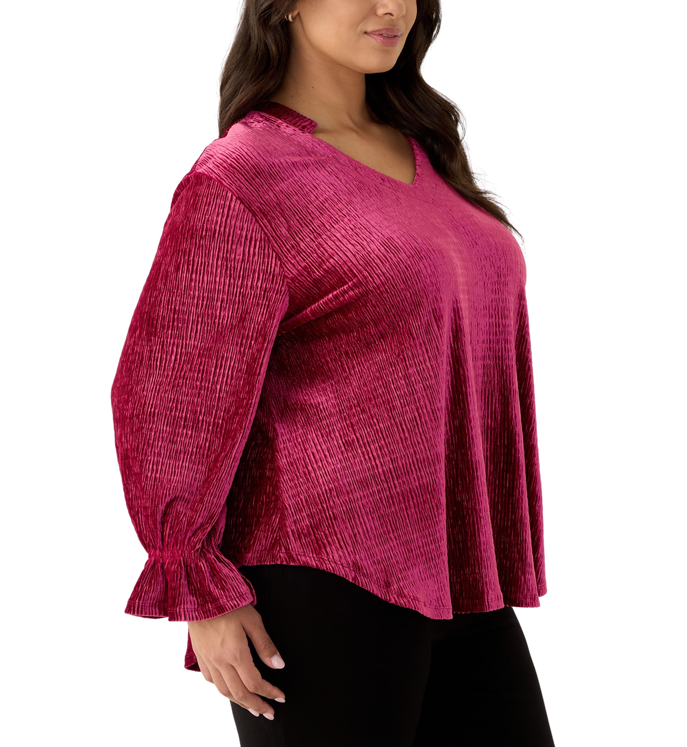 Plus Size V-Neck Smocked Velvet Top With Three Quarter Gathered Sleeves