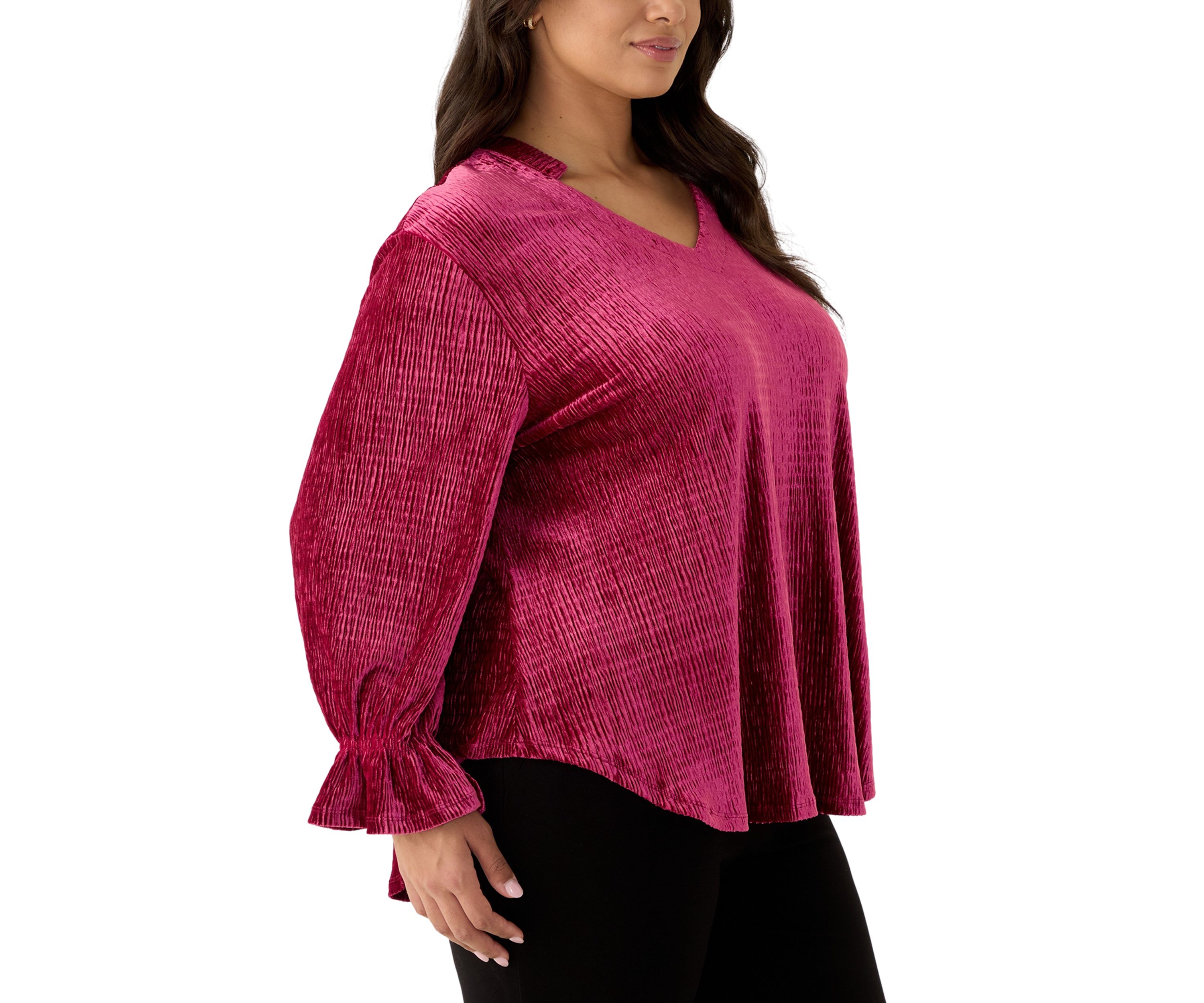 Plus Size V-Neck Smocked Velvet Top With Three Quarter Gathered Sleeves
