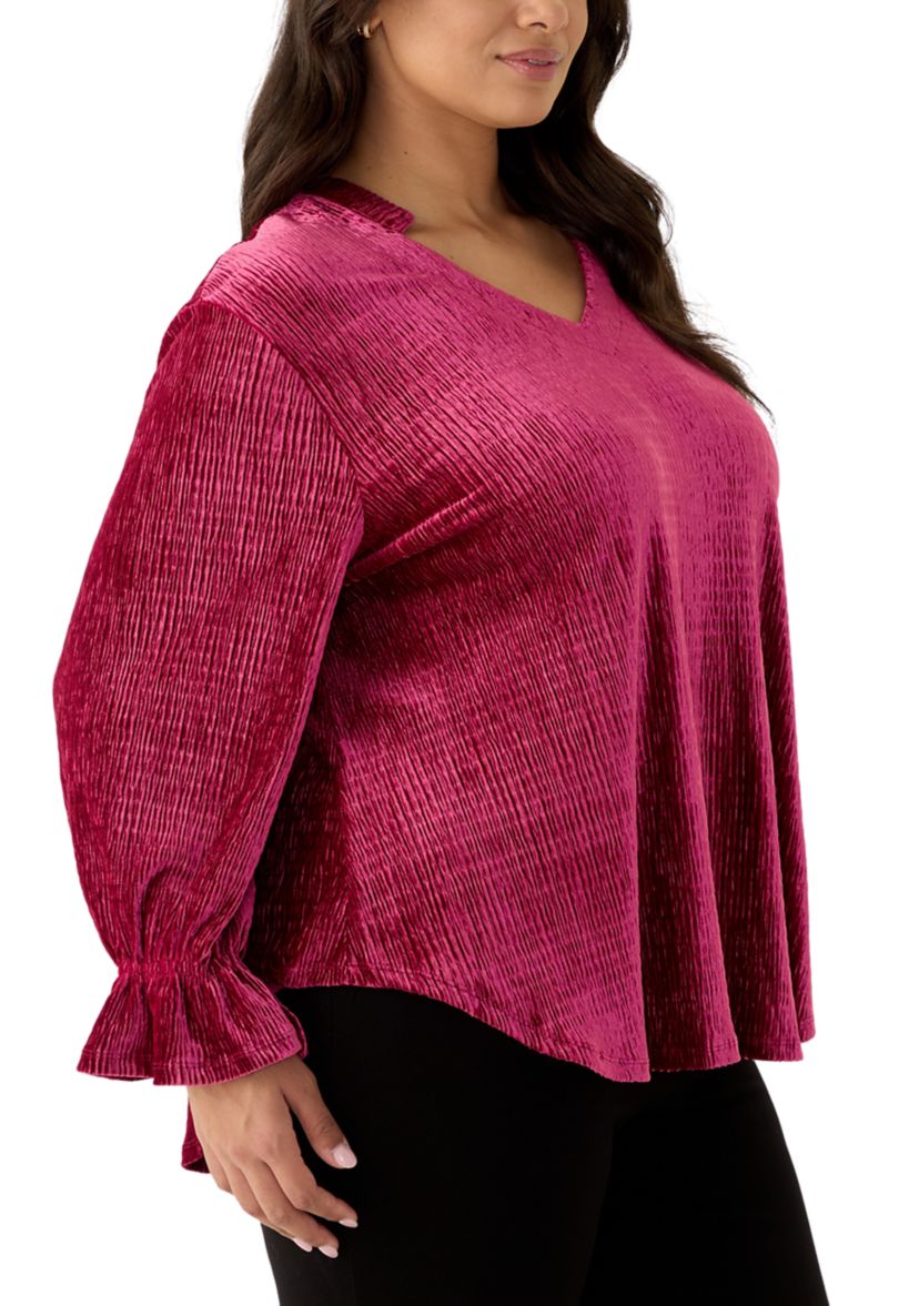 Plus Size V-Neck Smocked Velvet Top With Three Quarter Gathered Sleeves