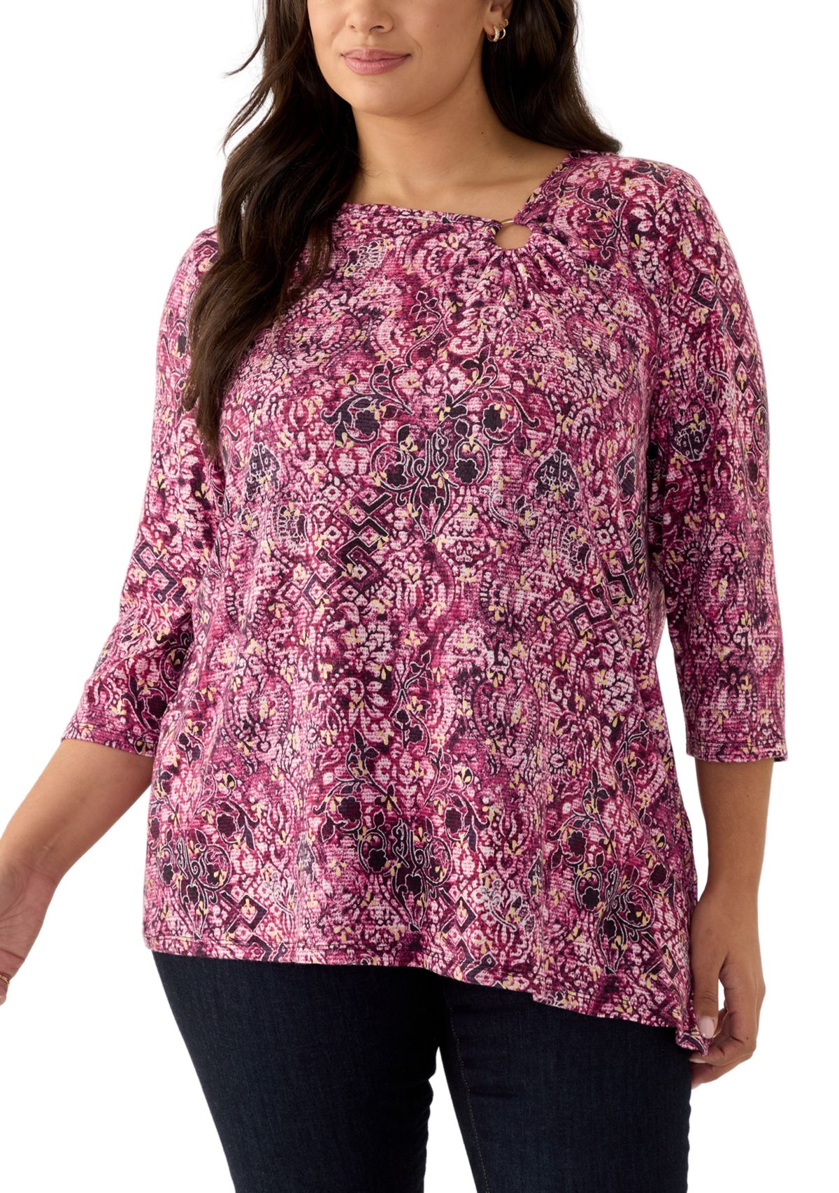 Plus Size Ring Neck Medallion Print Hatchi Knit Top with Asymmetric Hem