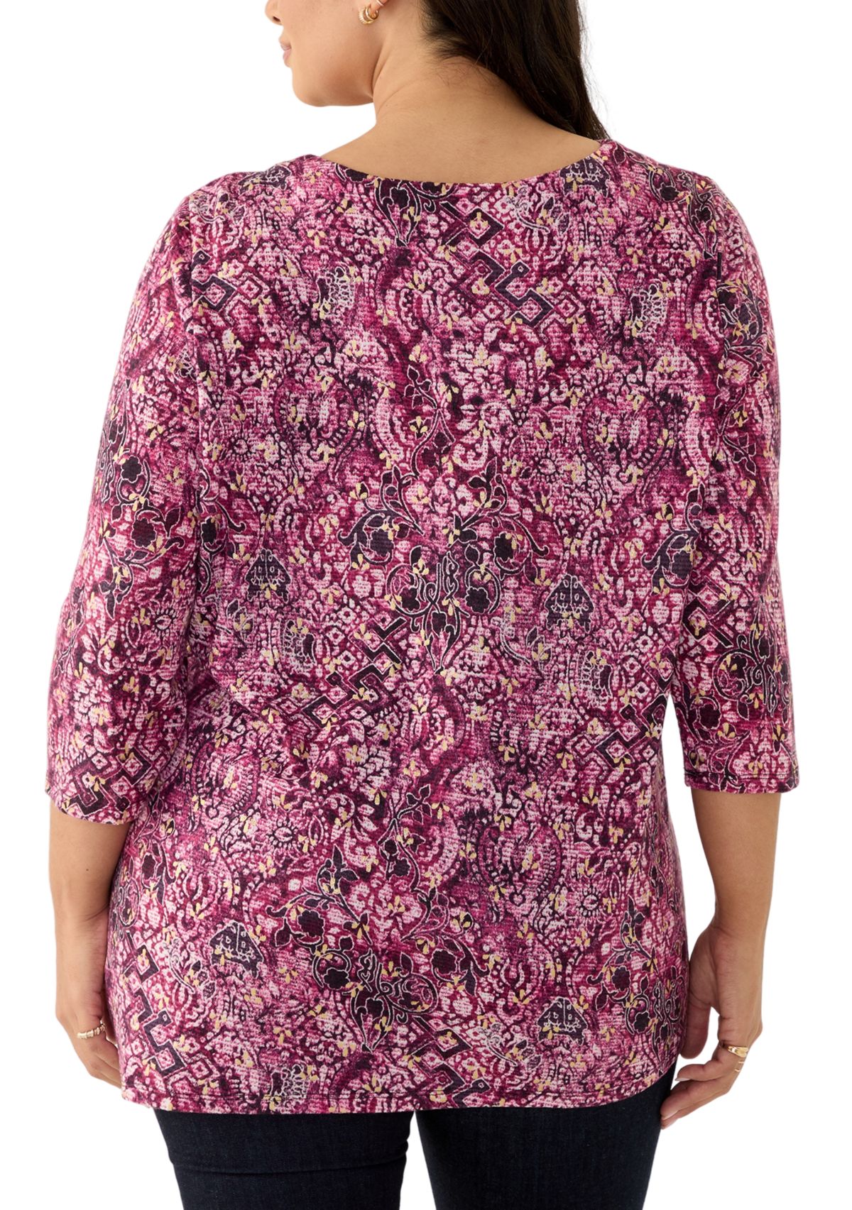 Plus Size Ring Neck Medallion Print Hatchi Knit Top with Asymmetric Hem