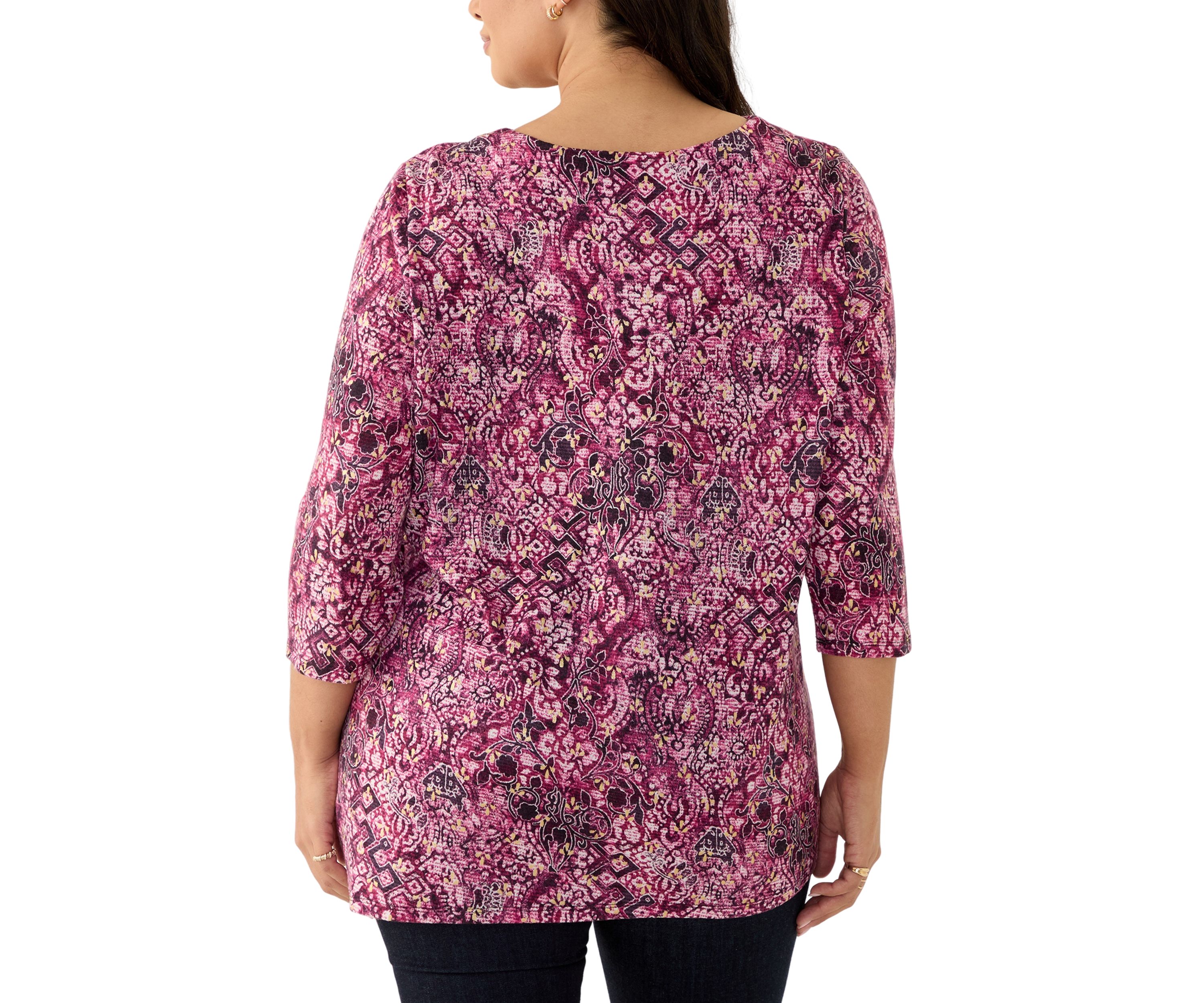 Plus Size Ring Neck Medallion Print Hatchi Knit Top with Asymmetric Hem