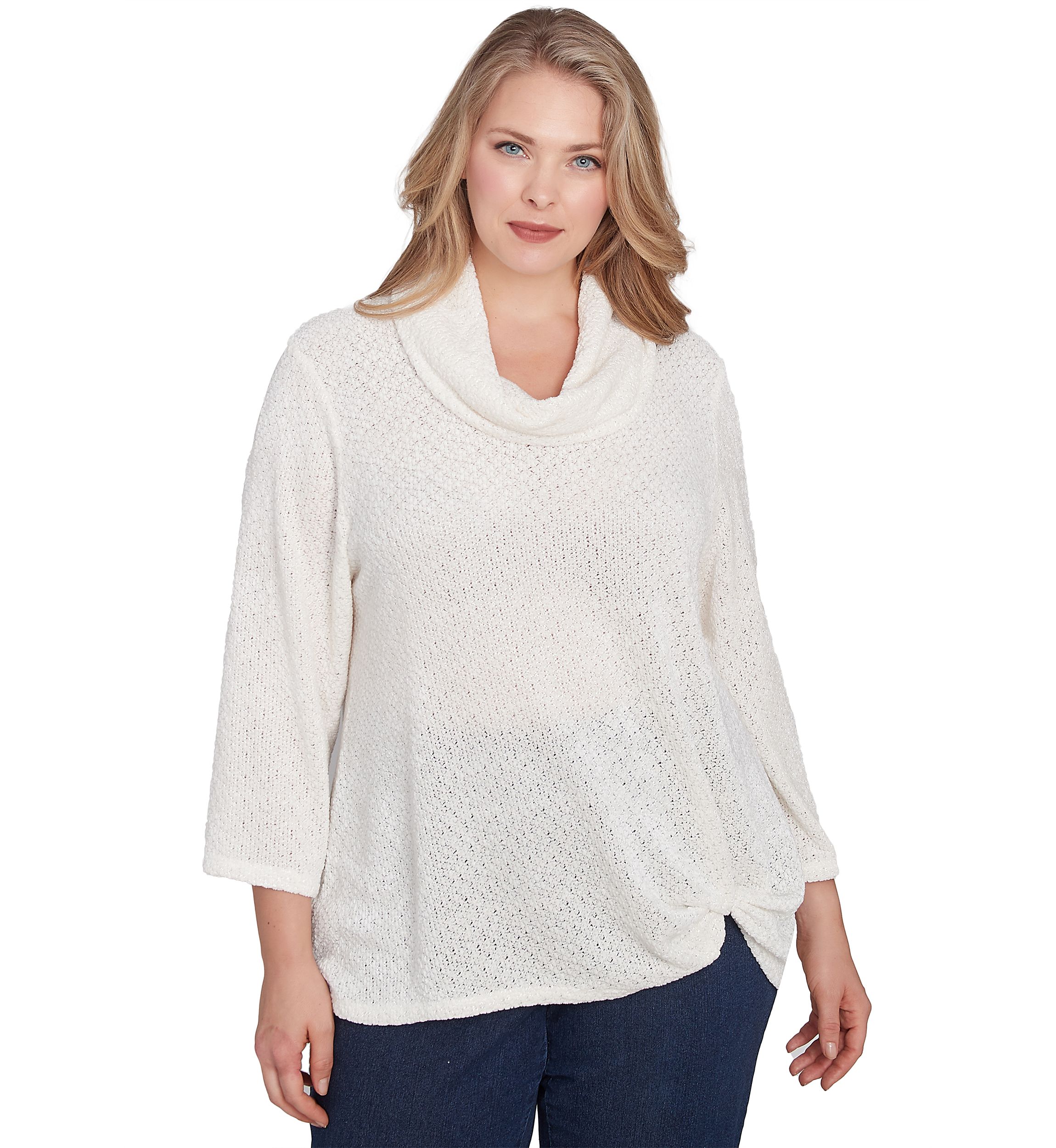 Plus Size Cowl Neck Chenille Shine Knit Top With Twist Front