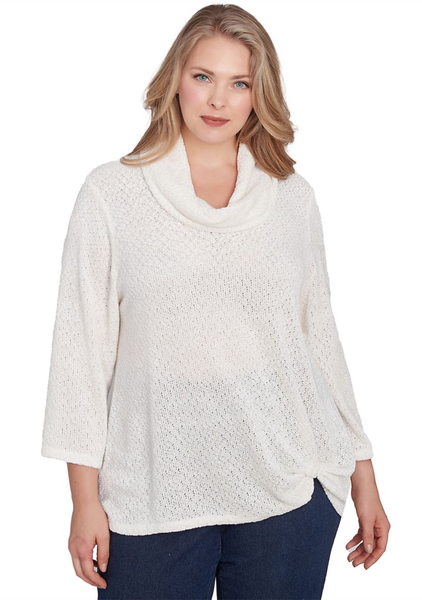 Plus Size Cowl Neck Chenille Shine Knit Top With Twist Front