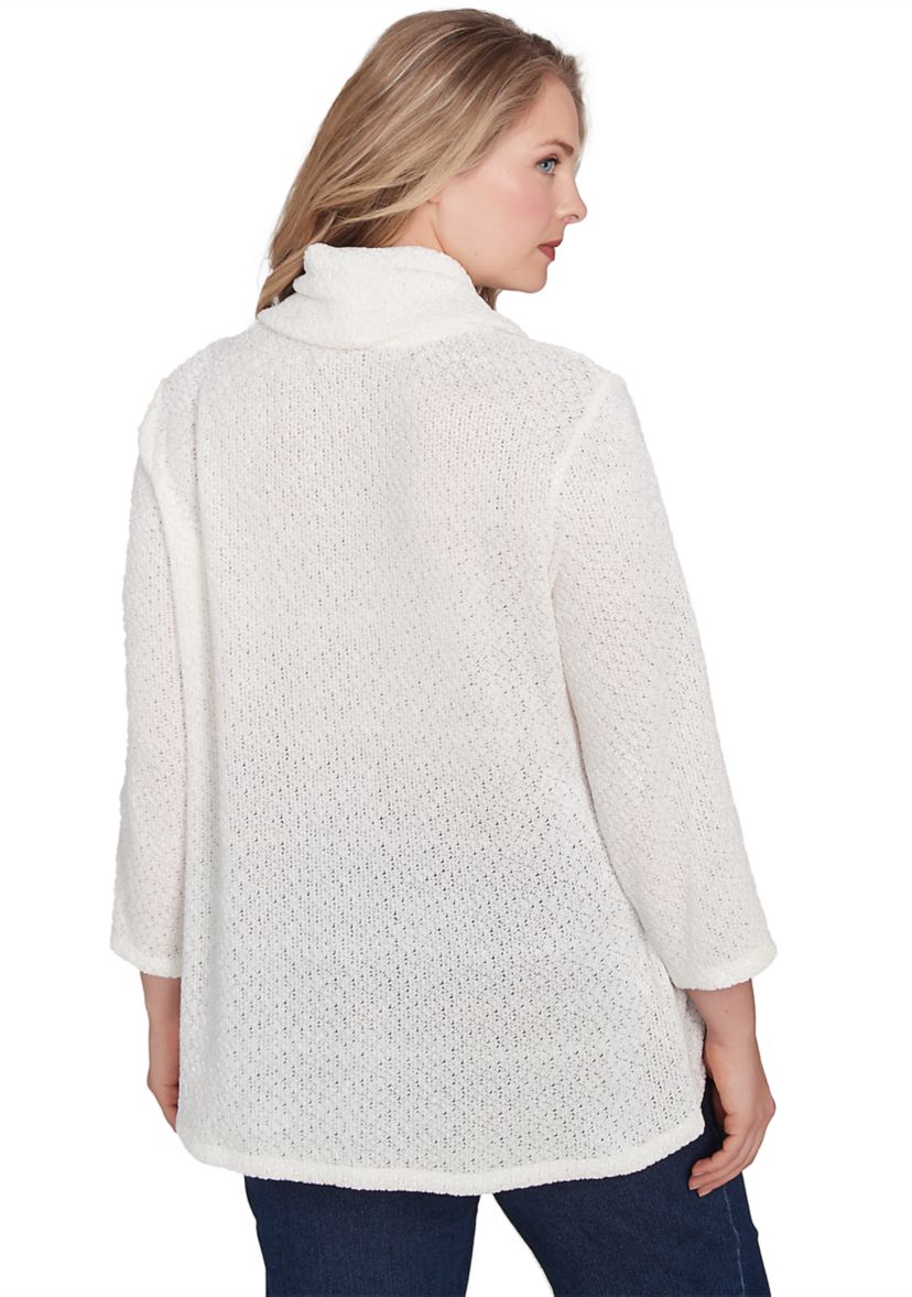 Plus Size Cowl Neck Chenille Shine Knit Top With Twist Front