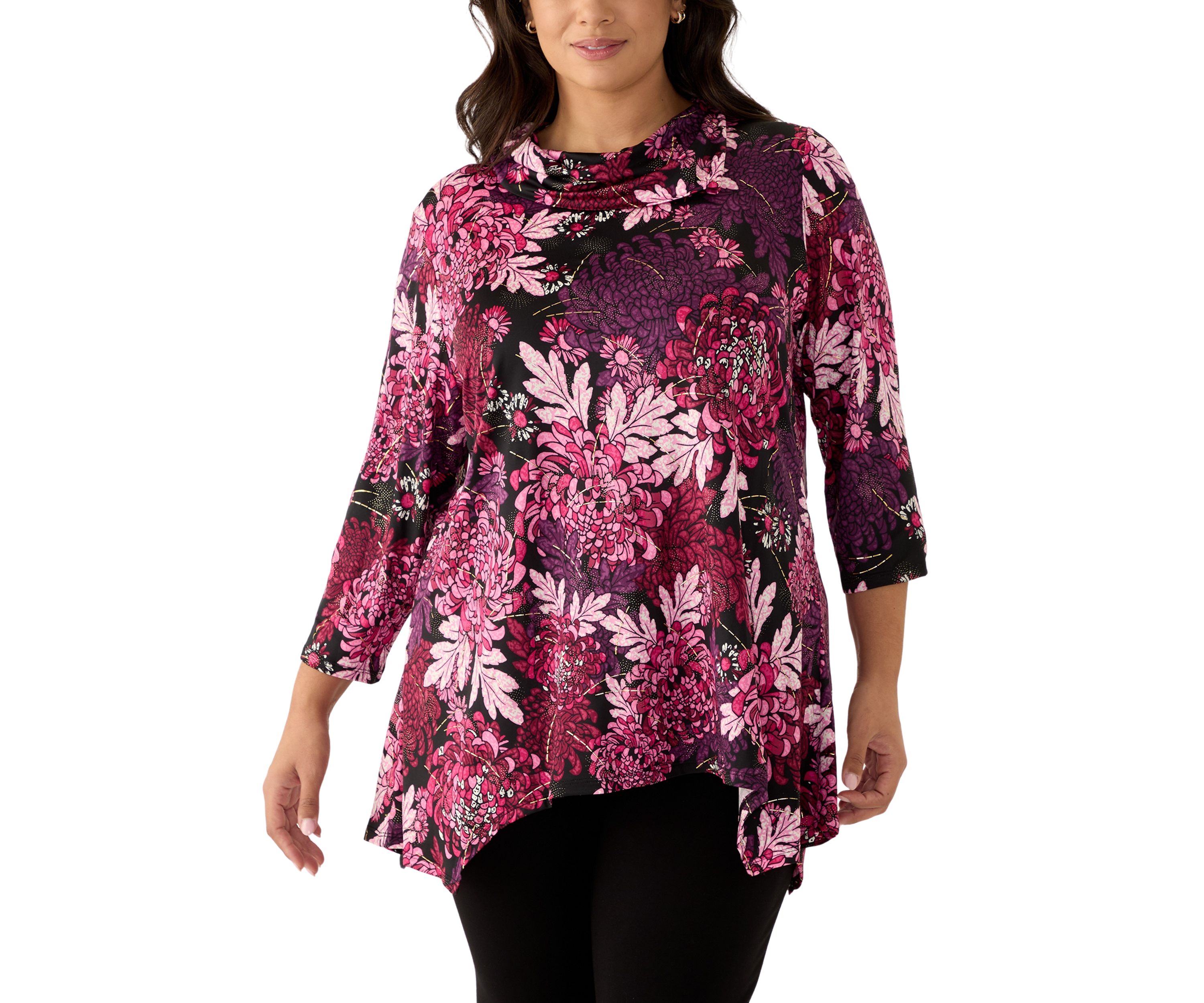 Plus Size Split Cowl Neck Bold Blooms Dew Drop Printed Knit Sharkbite Top