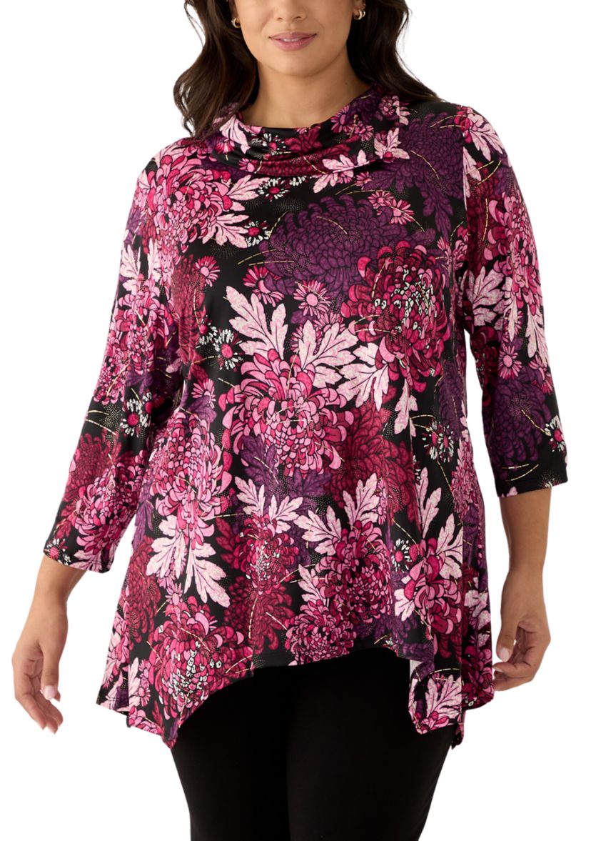 Plus Size Split Cowl Neck Bold Blooms Dew Drop Printed Knit Sharkbite Top
