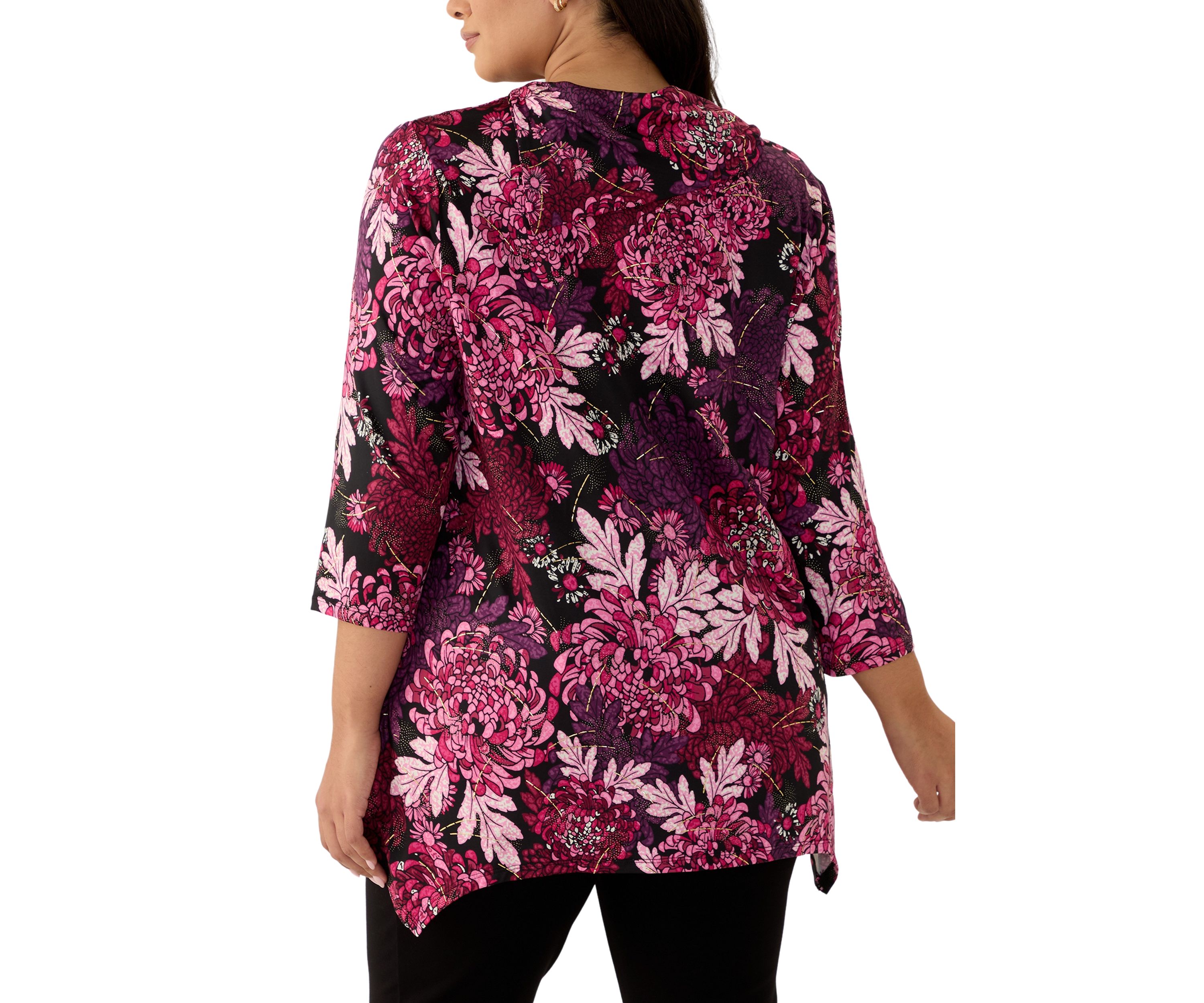 Plus Size Split Cowl Neck Bold Blooms Dew Drop Printed Knit Sharkbite Top