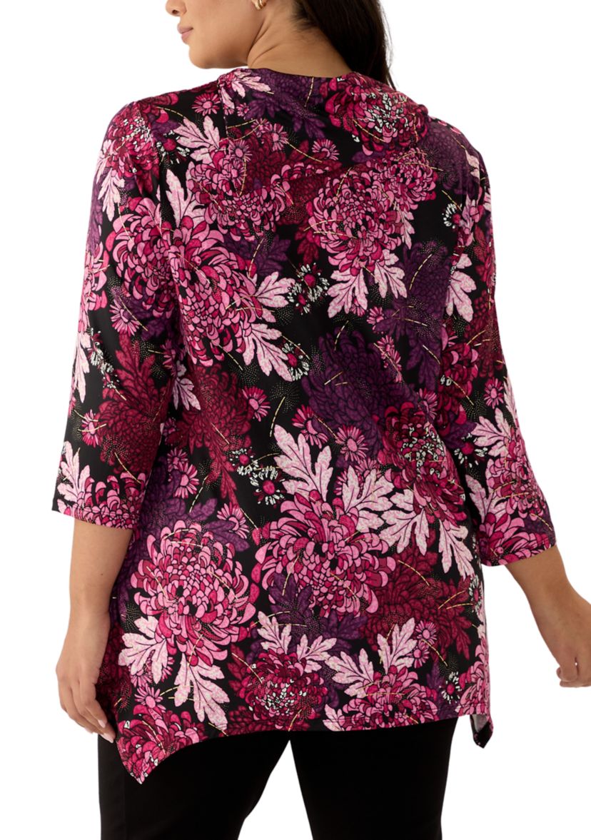 Plus Size Split Cowl Neck Bold Blooms Dew Drop Printed Knit Sharkbite Top