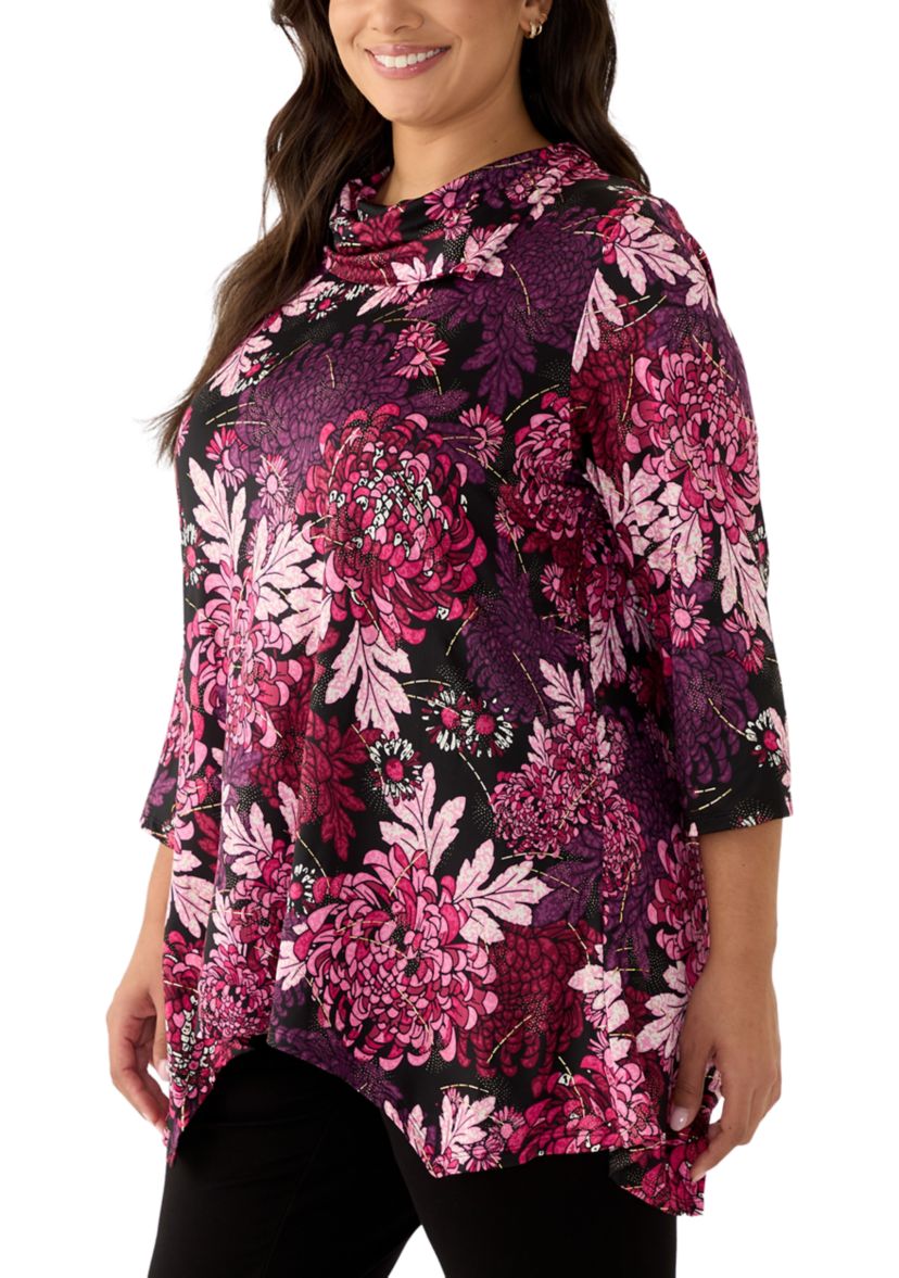 Plus Size Split Cowl Neck Bold Blooms Dew Drop Printed Knit Sharkbite Top