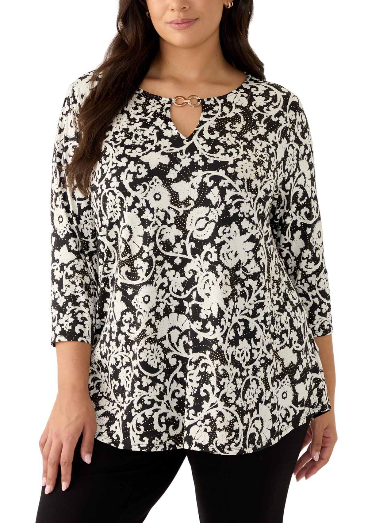 Womens Split Neck With Metal Clasp Detail Batik Scroll Dew Drop Printed Knit Top