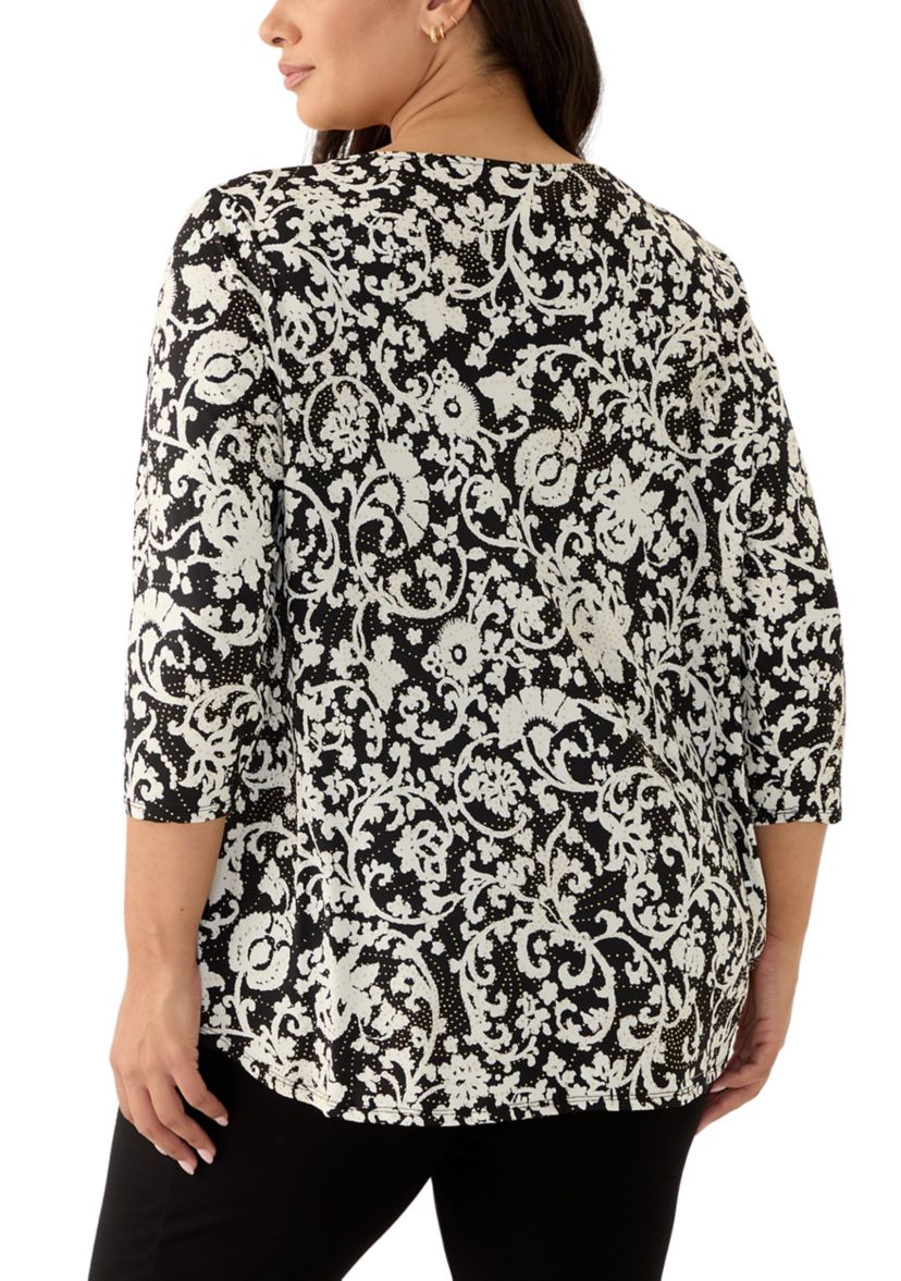 Womens Split Neck With Metal Clasp Detail Batik Scroll Dew Drop Printed Knit Top
