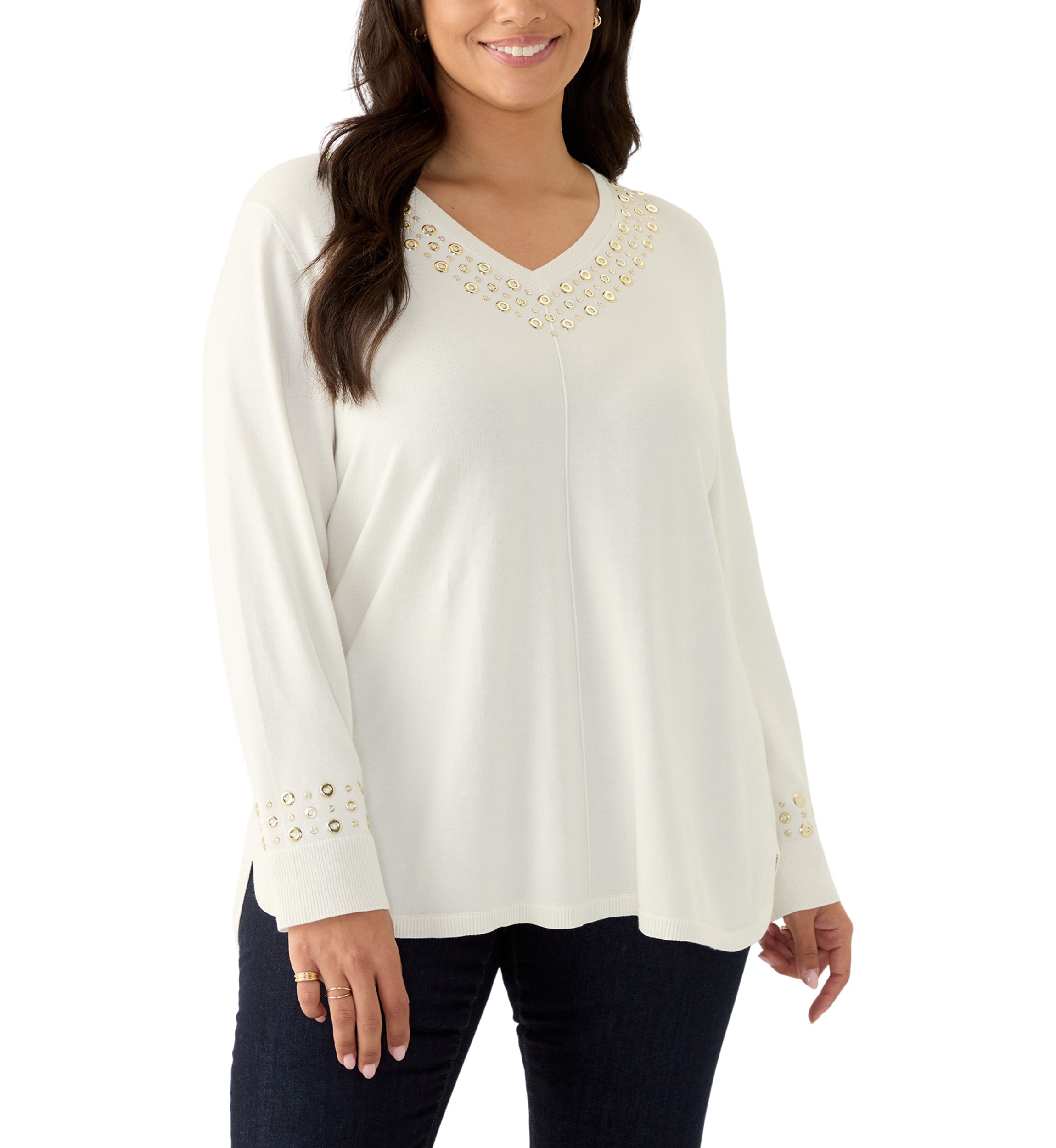 Womens V-Neck Grommet Embellished Fine Gauge Pull Over Sweater
