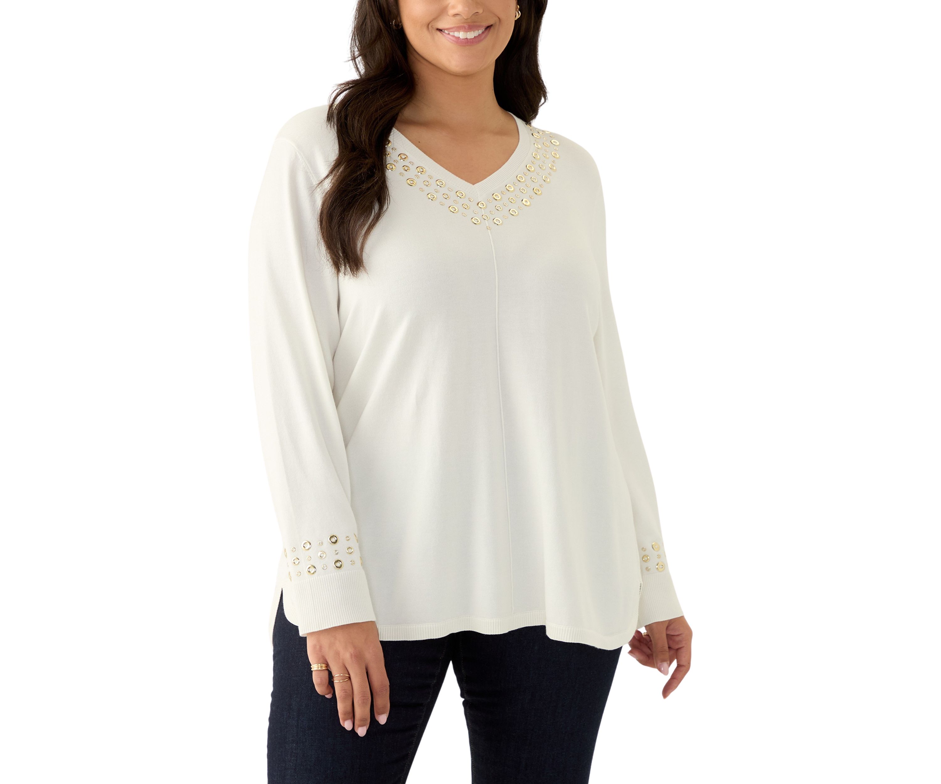 Womens V-Neck Grommet Embellished Fine Gauge Pull Over Sweater