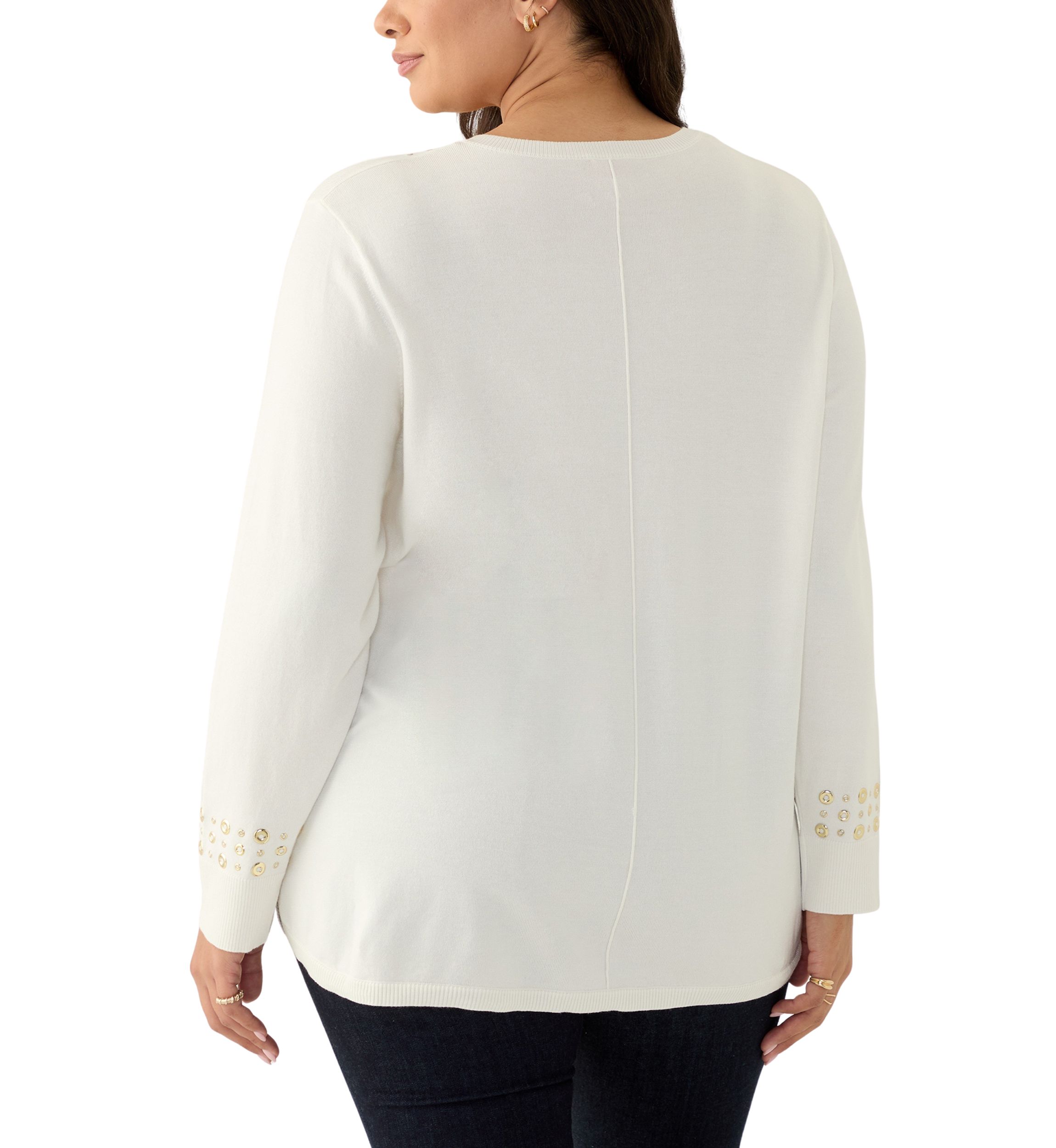 Womens V-Neck Grommet Embellished Fine Gauge Pull Over Sweater