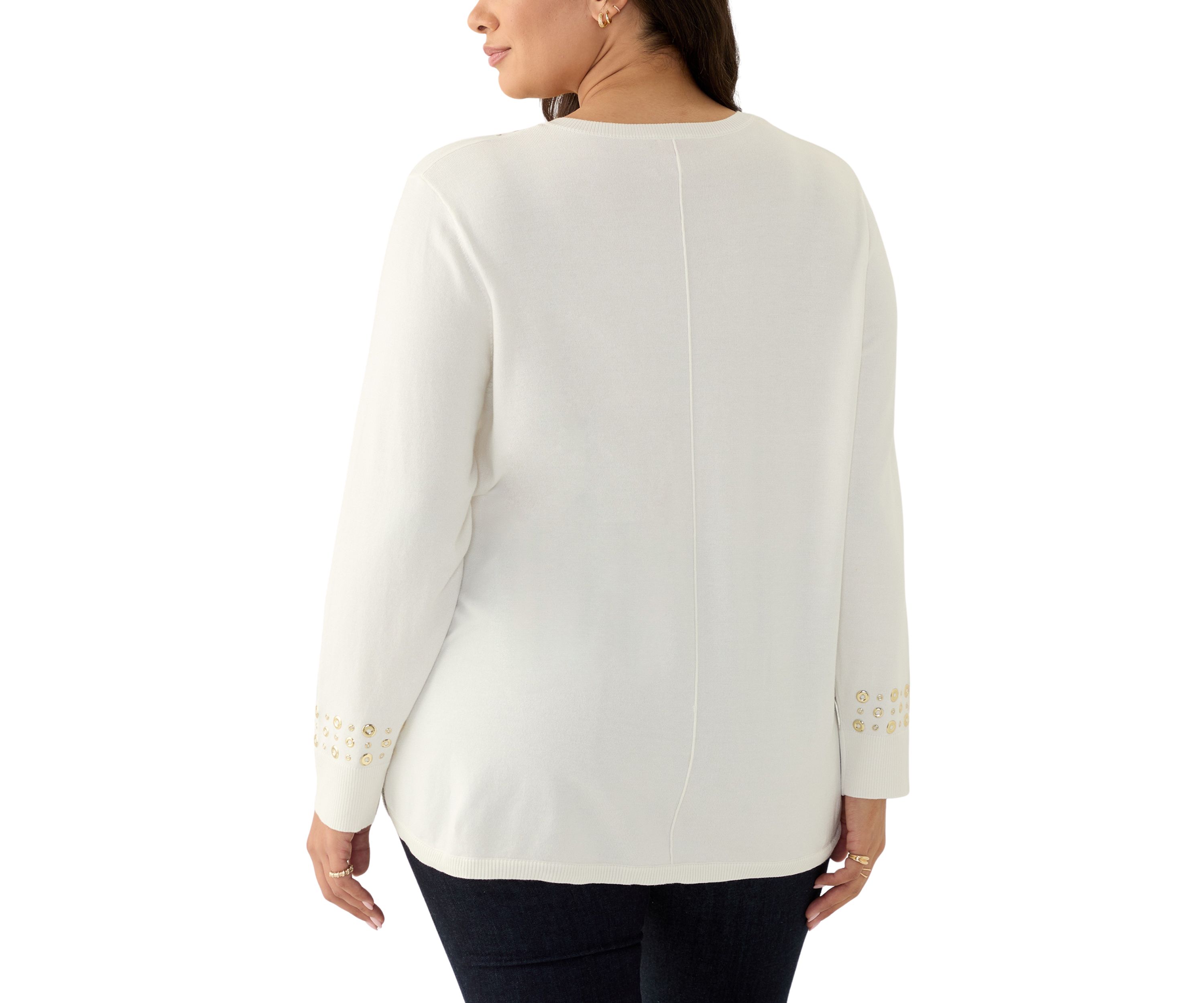 Womens V-Neck Grommet Embellished Fine Gauge Pull Over Sweater