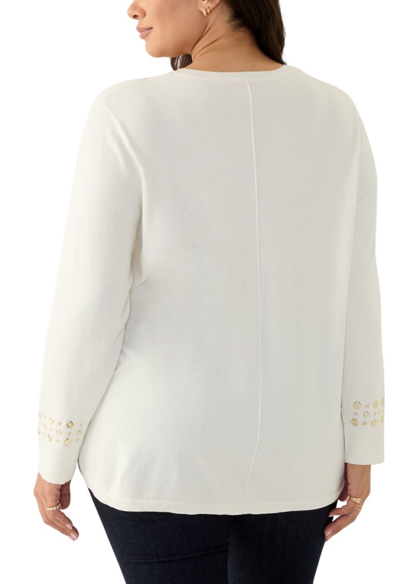 Womens V-Neck Grommet Embellished Fine Gauge Pull Over Sweater