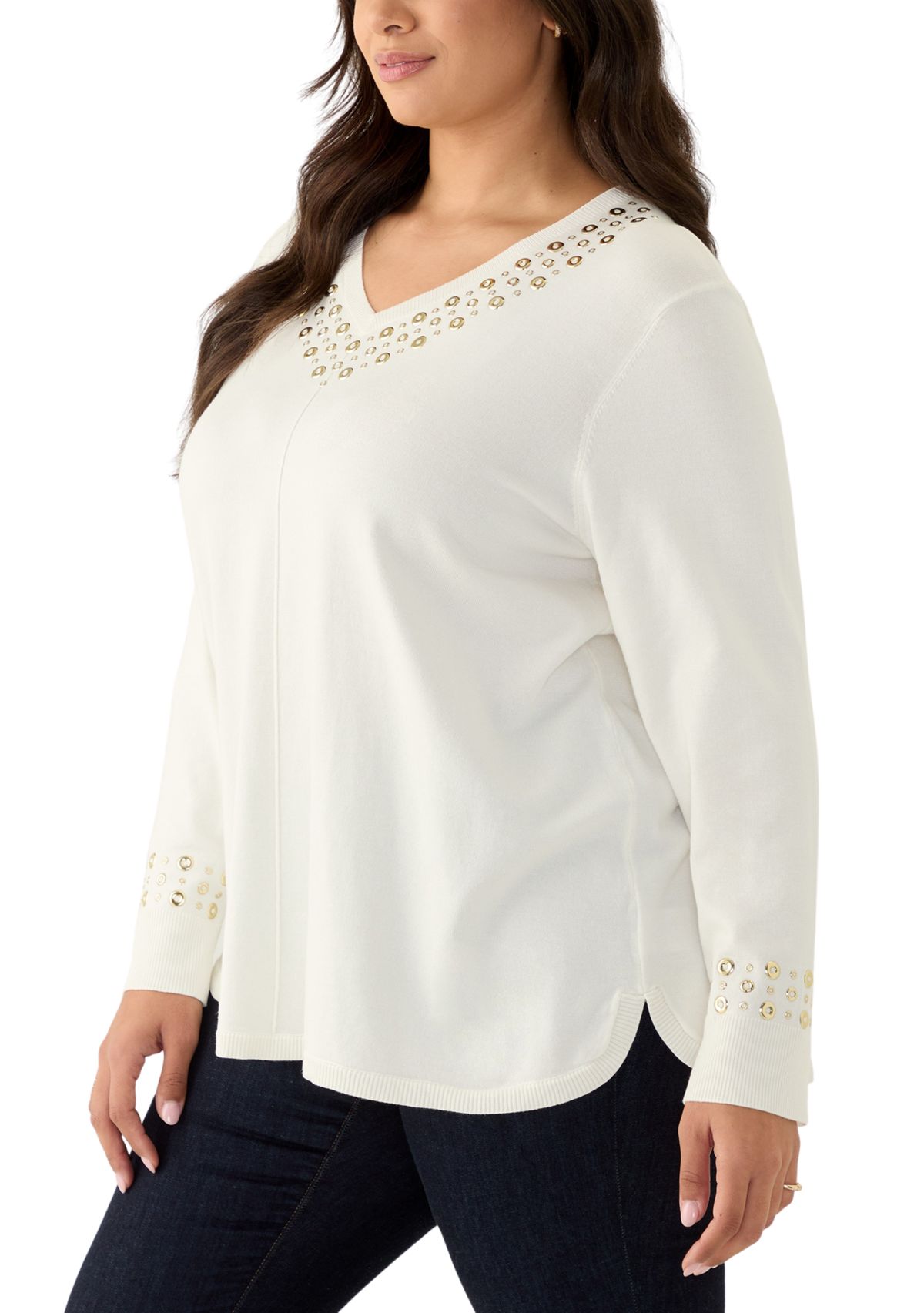 Womens V-Neck Grommet Embellished Fine Gauge Pull Over Sweater