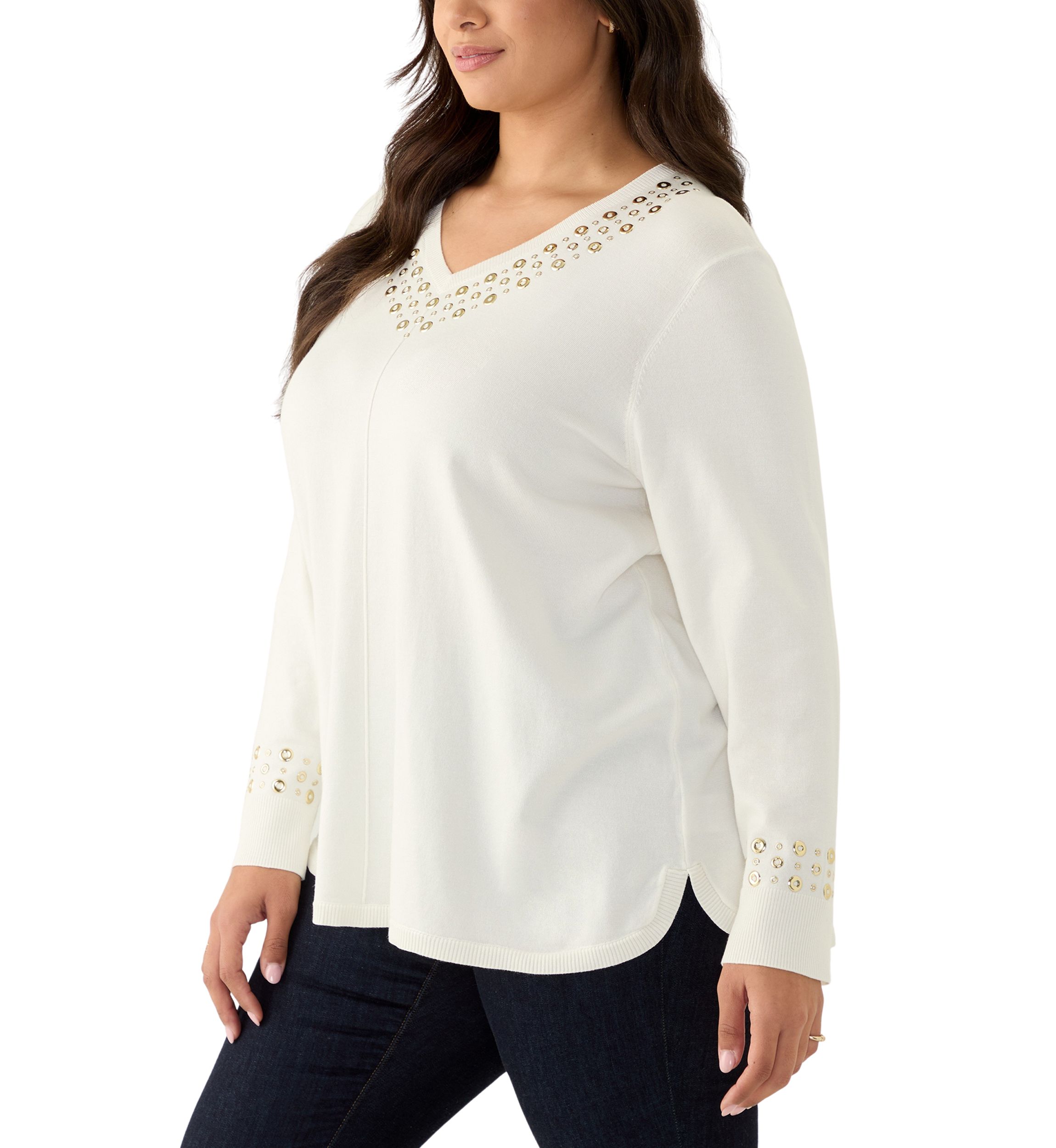 Womens V-Neck Grommet Embellished Fine Gauge Pull Over Sweater