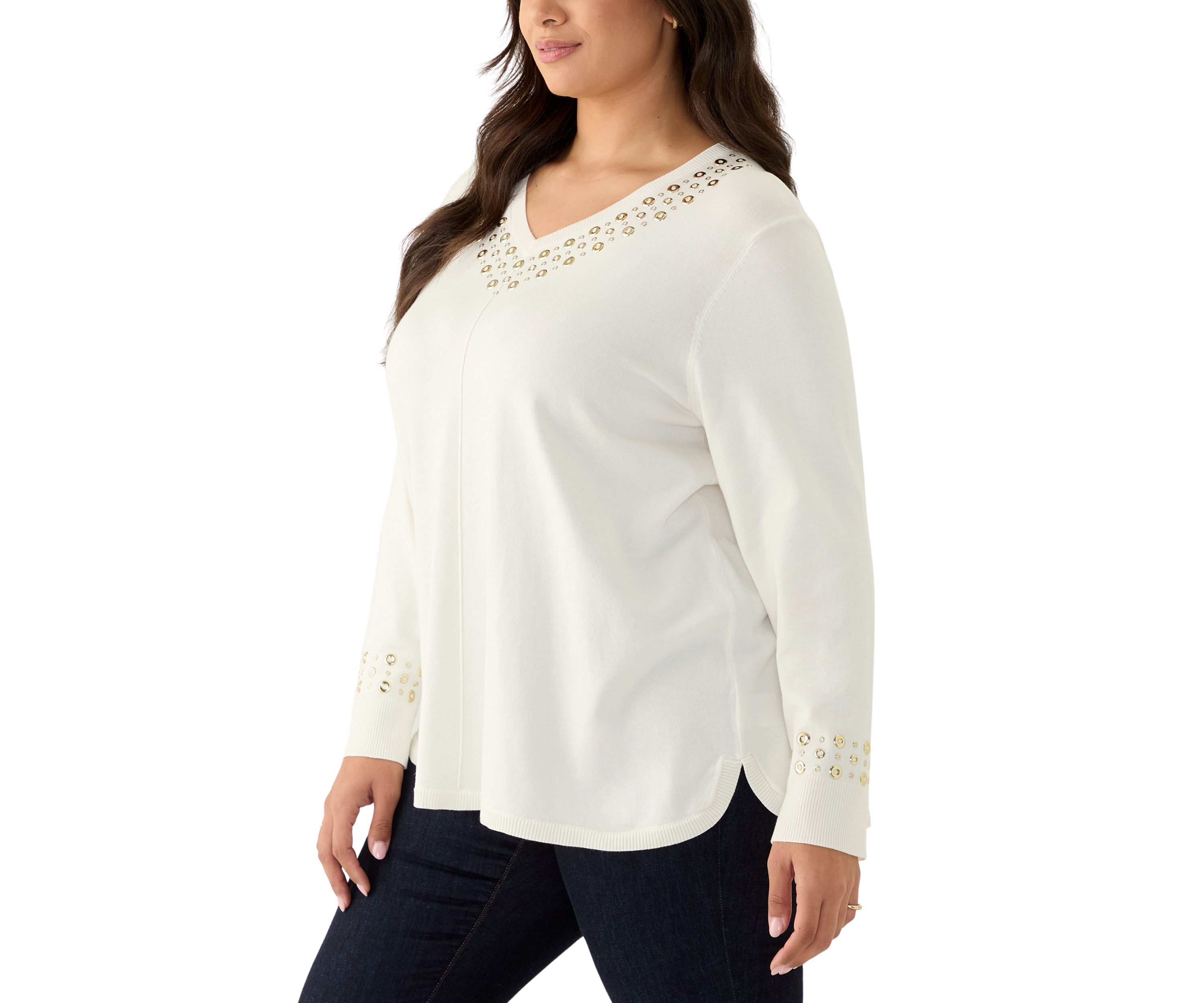 Womens V-Neck Grommet Embellished Fine Gauge Pull Over Sweater