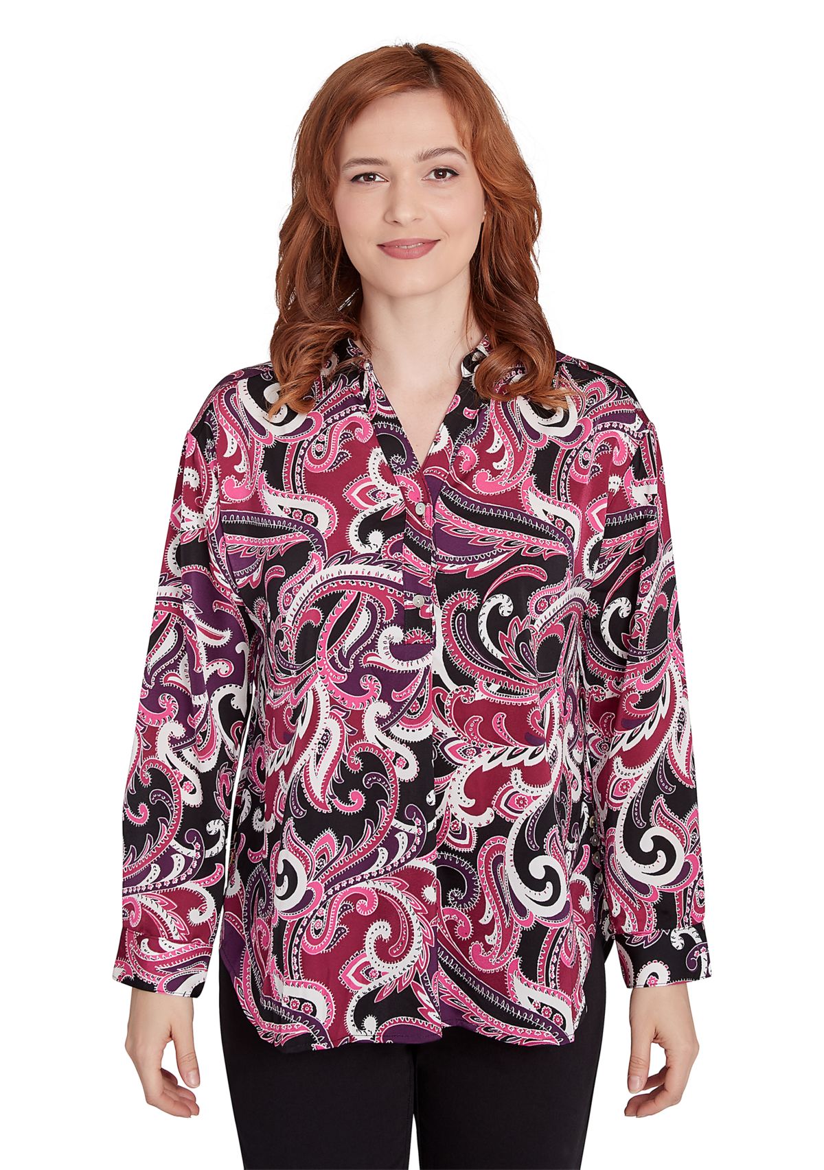 Petite Collar Paisley Printed Pullover Woven Tunic Shirt