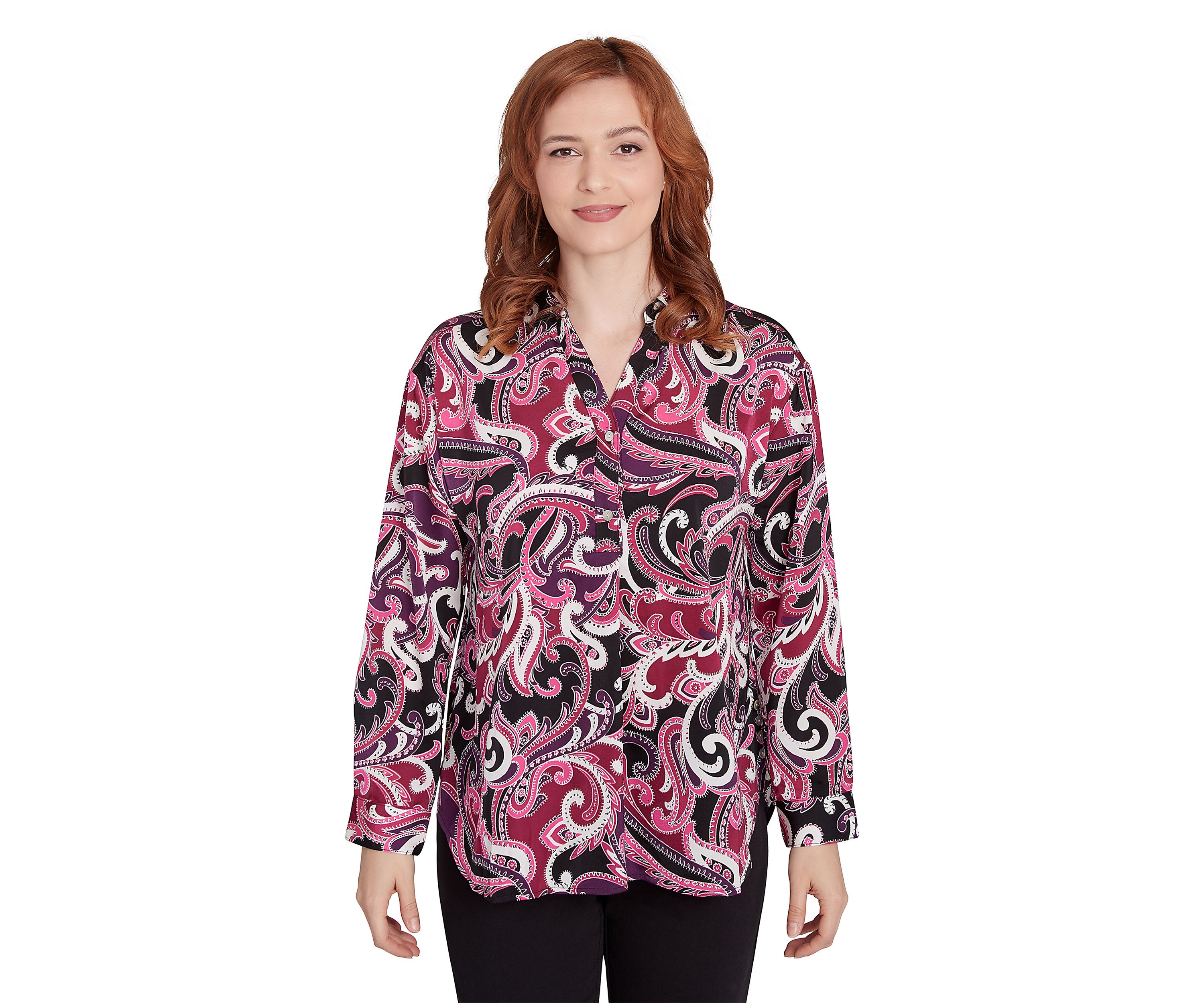 Petite Collar Paisley Printed Pullover Woven Tunic Shirt