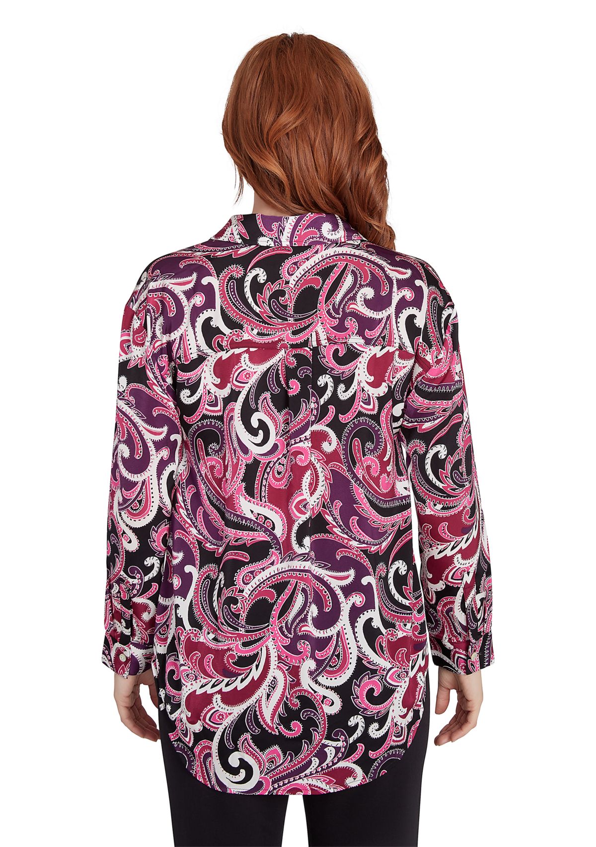 Petite Collar Paisley Printed Pullover Woven Tunic Shirt