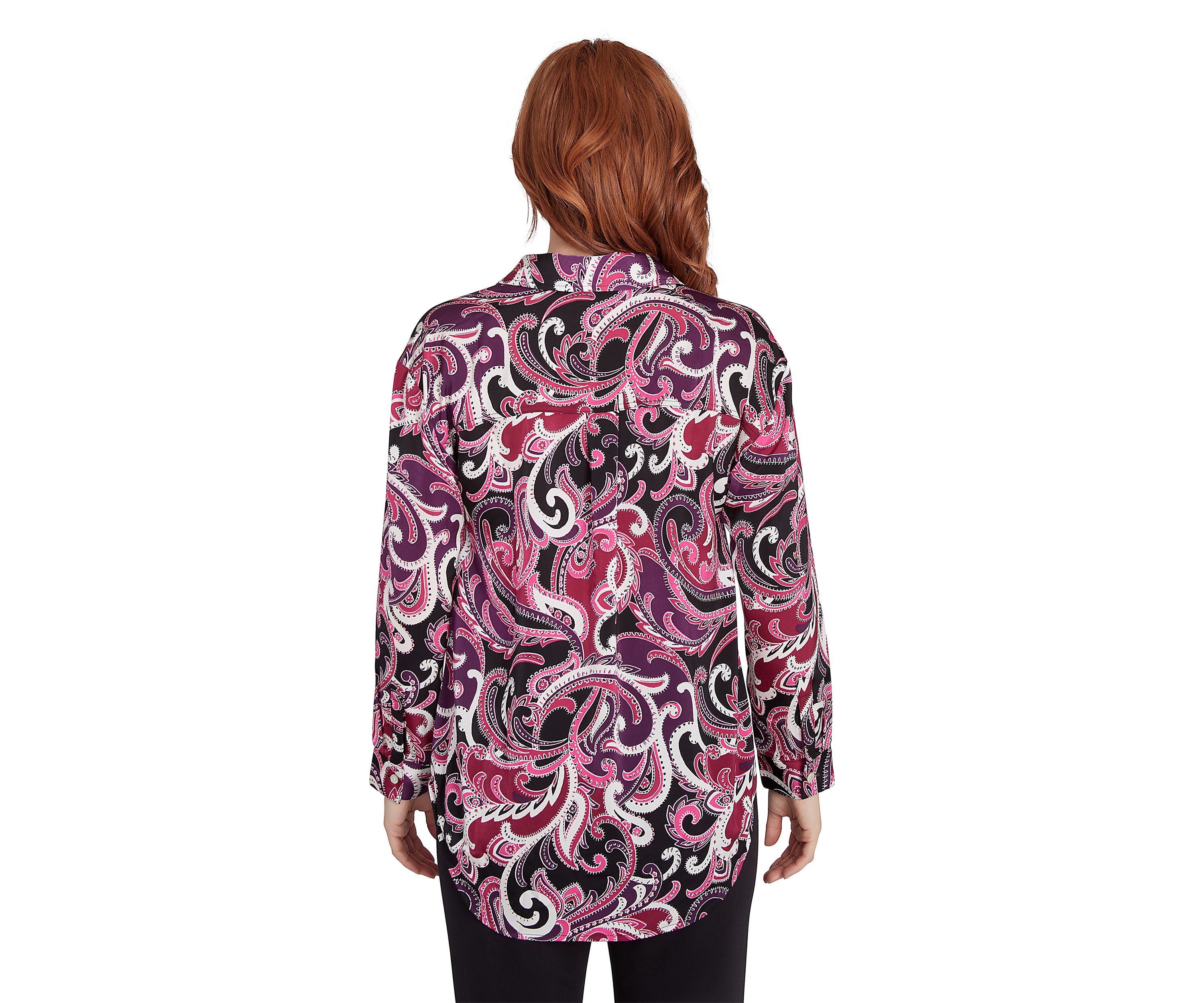 Petite Collar Paisley Printed Pullover Woven Tunic Shirt