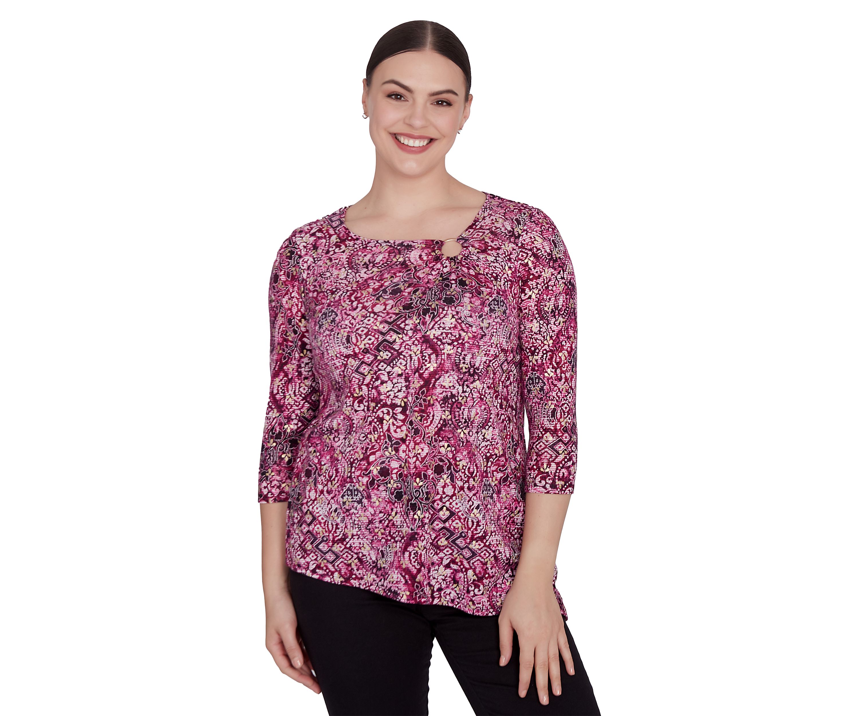 Petite Ring Neck Medallion Print Hatchi Knit Top with Asymmetric Hem