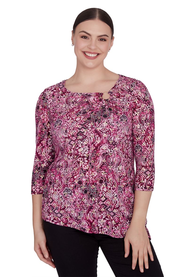 Petite Ring Neck Medallion Print Hatchi Knit Top with Asymmetric Hem