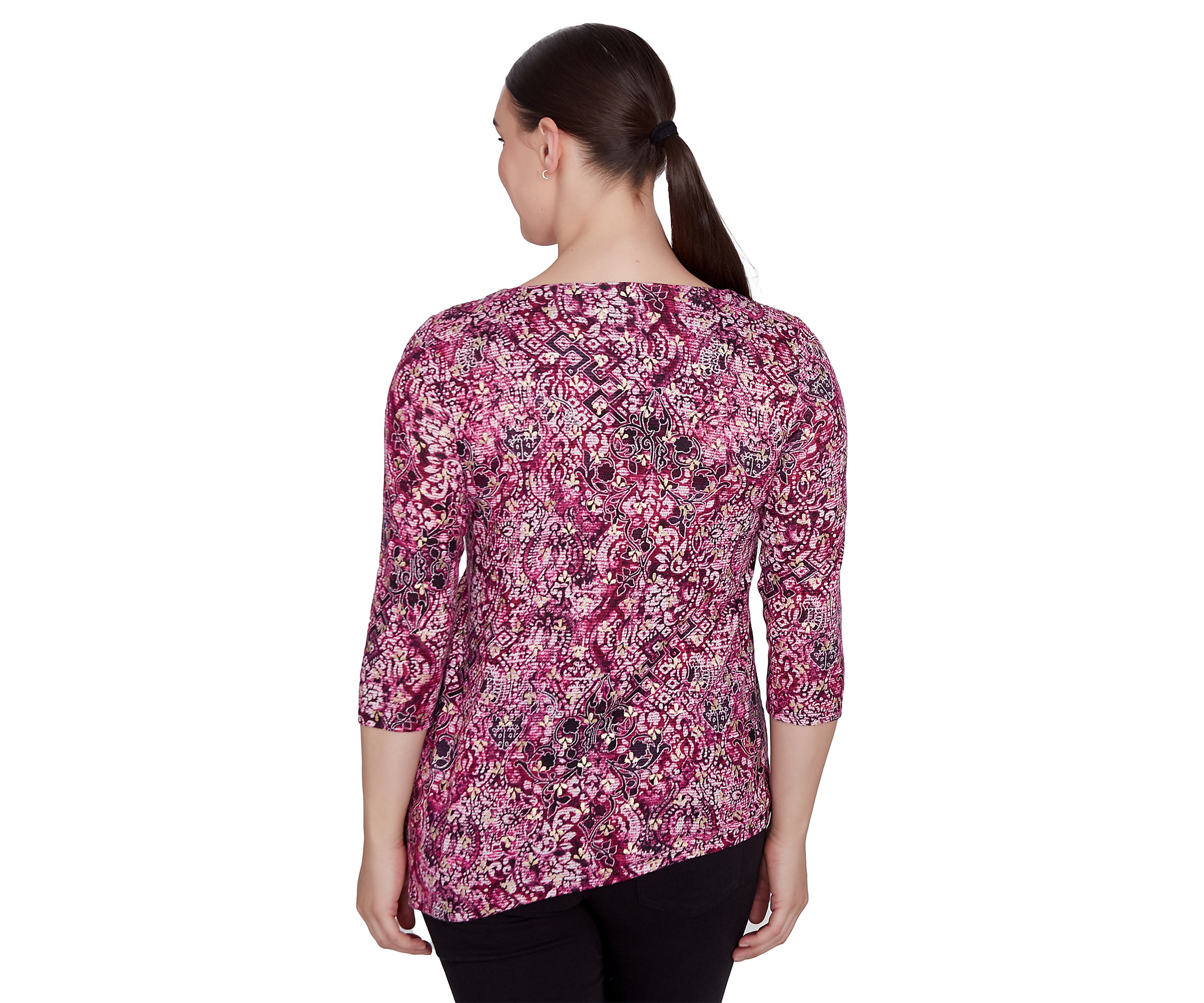 Petite Ring Neck Medallion Print Hatchi Knit Top with Asymmetric Hem