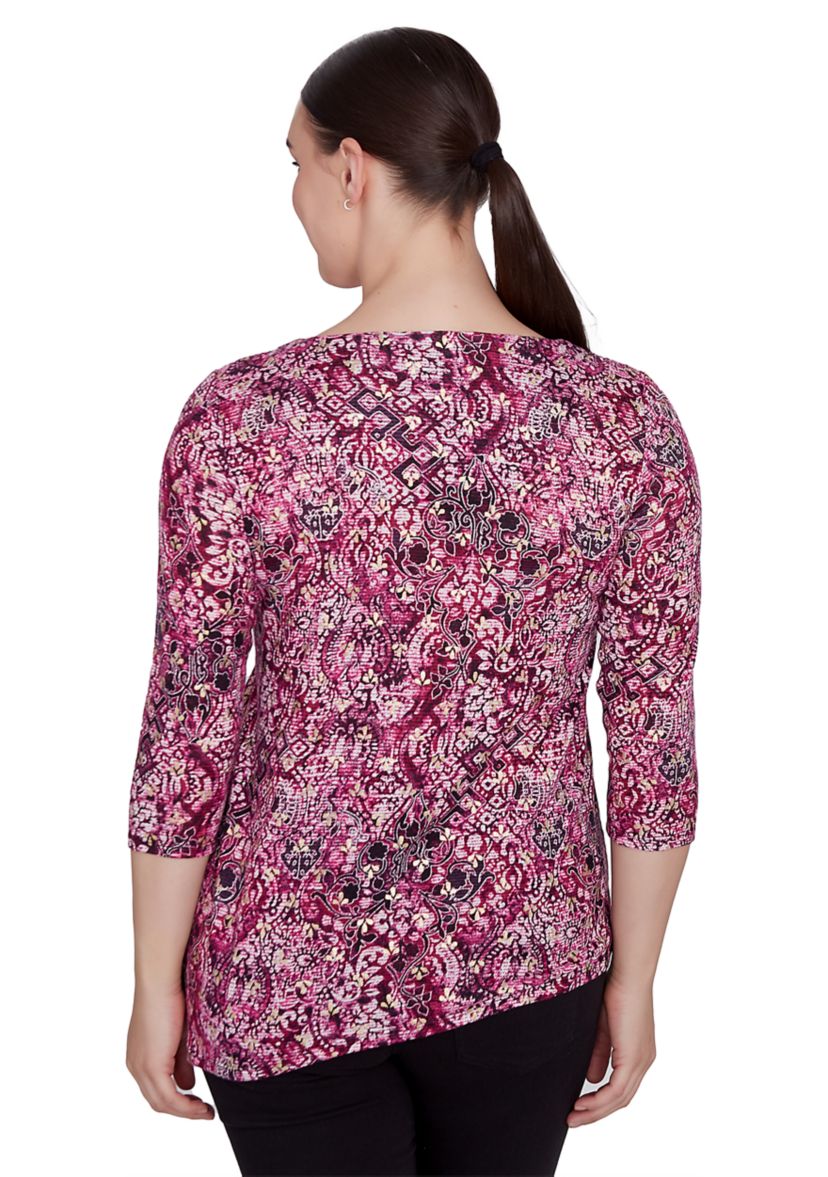 Petite Ring Neck Medallion Print Hatchi Knit Top with Asymmetric Hem