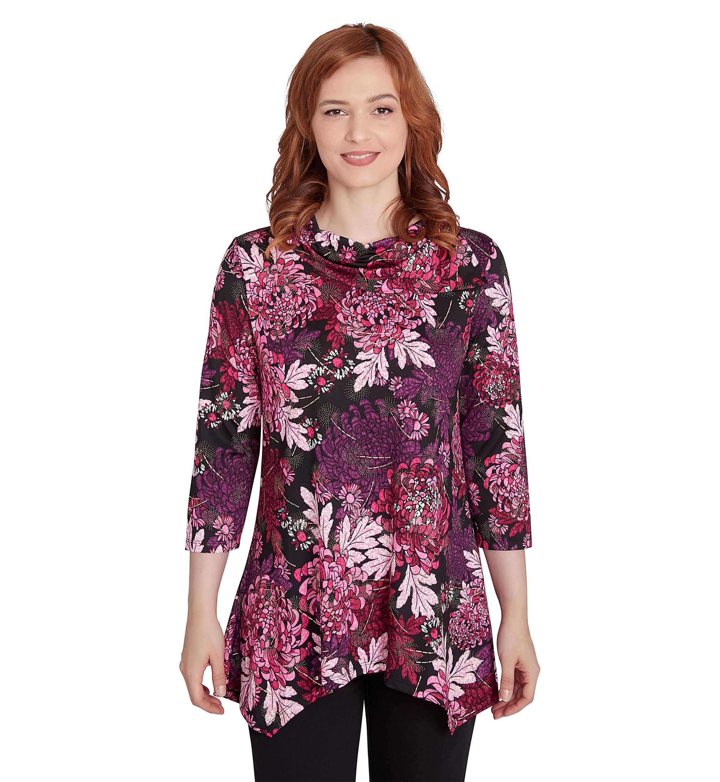 Petite Split Cowl Neck Bold Blooms Dew Drop Printed Knit Sharkbite Top